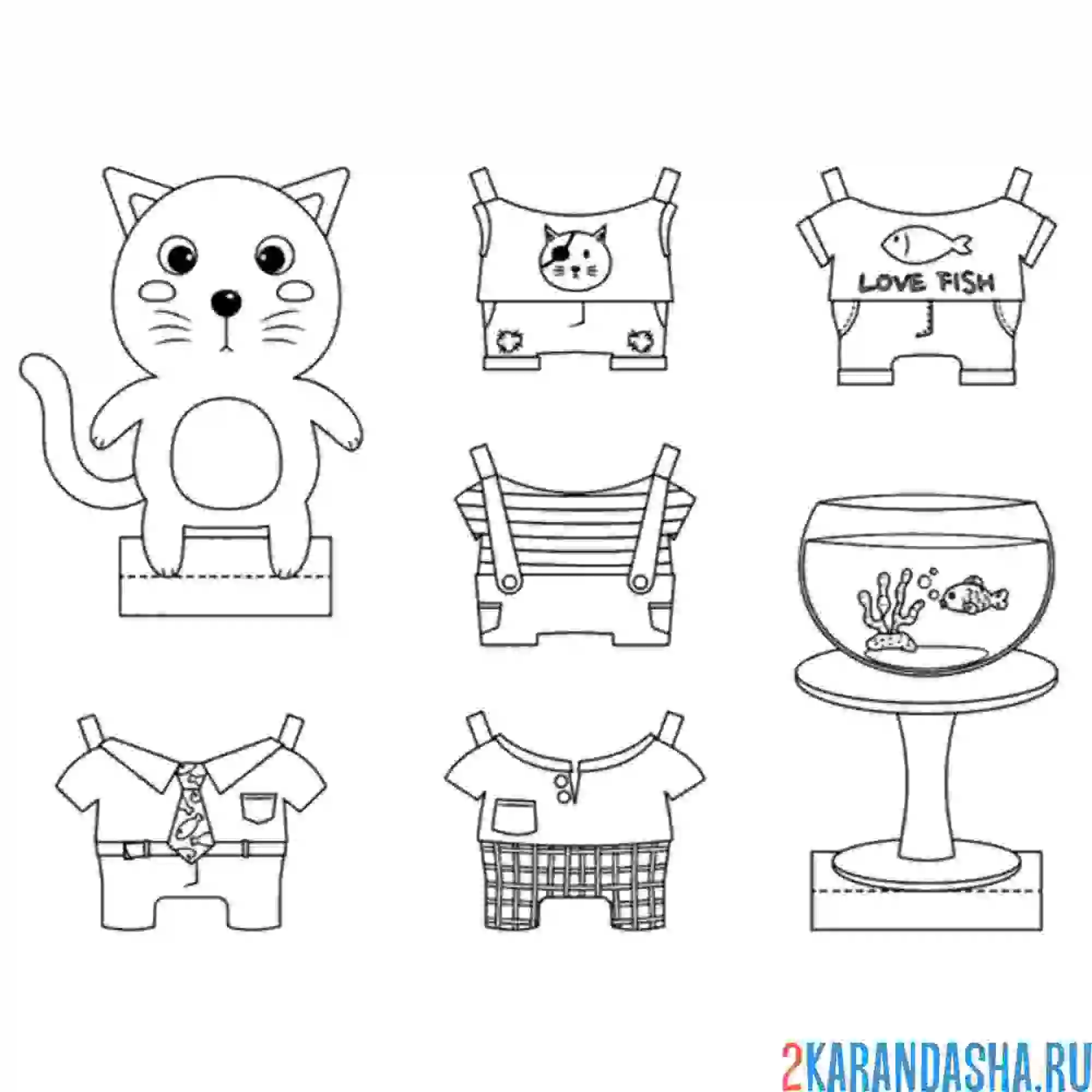 Раскраска бумажный котенок с одеждой для вырезания
