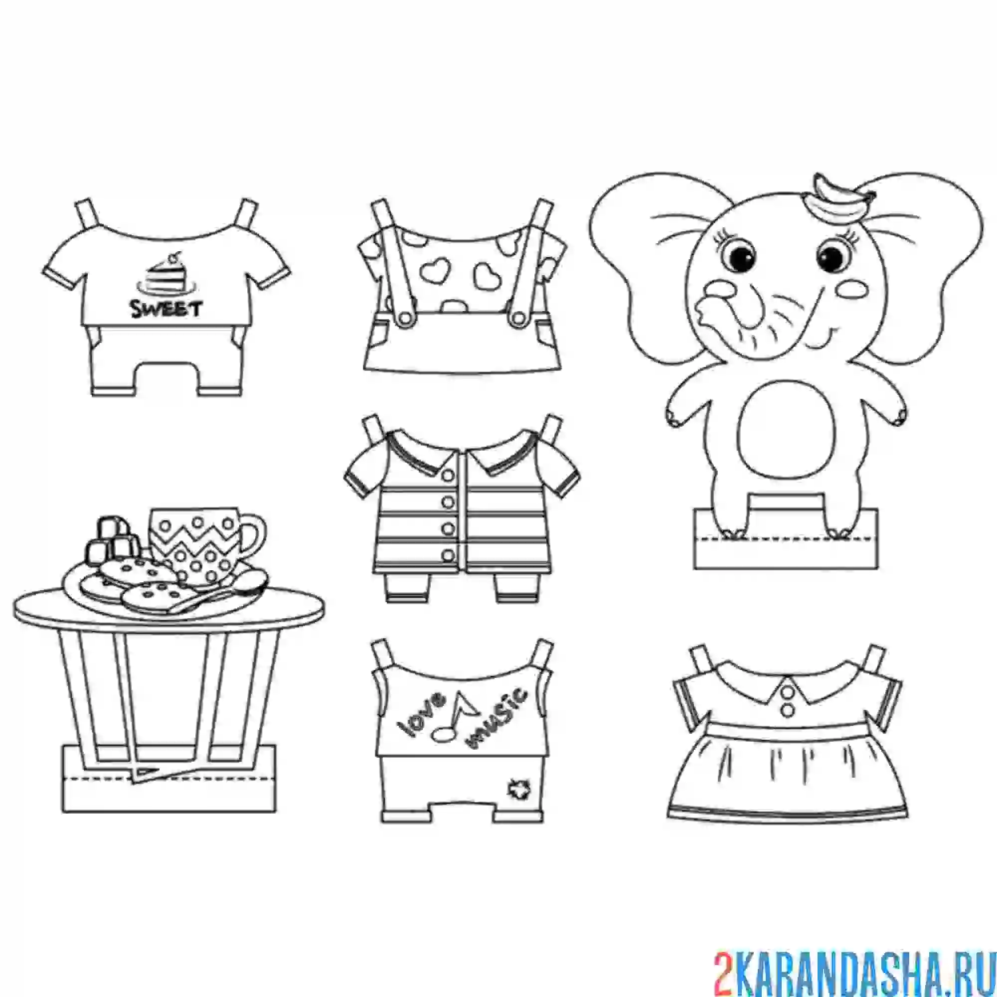 Раскраска бумажный слон с одеждой для вырезания