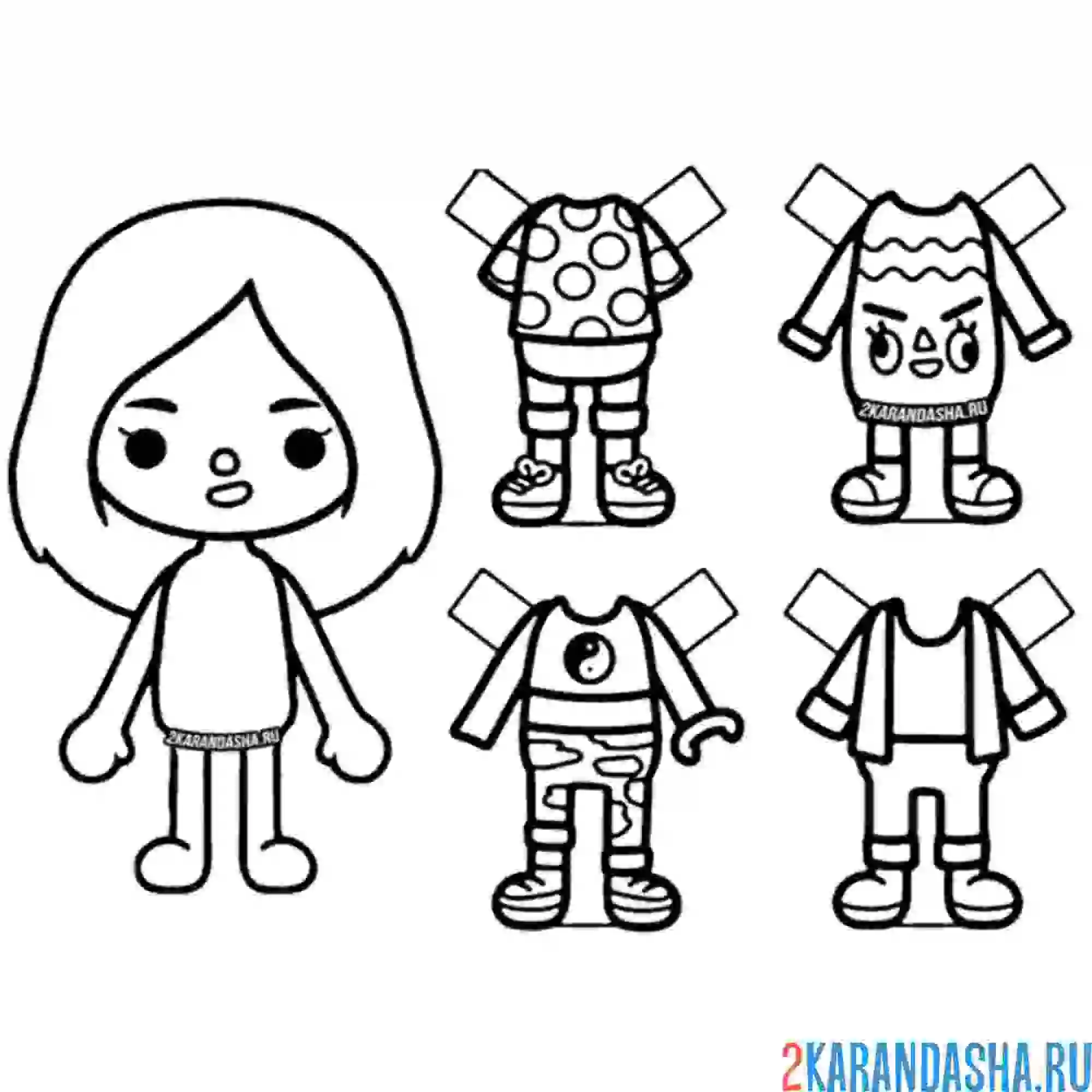 Раскраска тока бока бумажная кукла с одеждой для вырезания