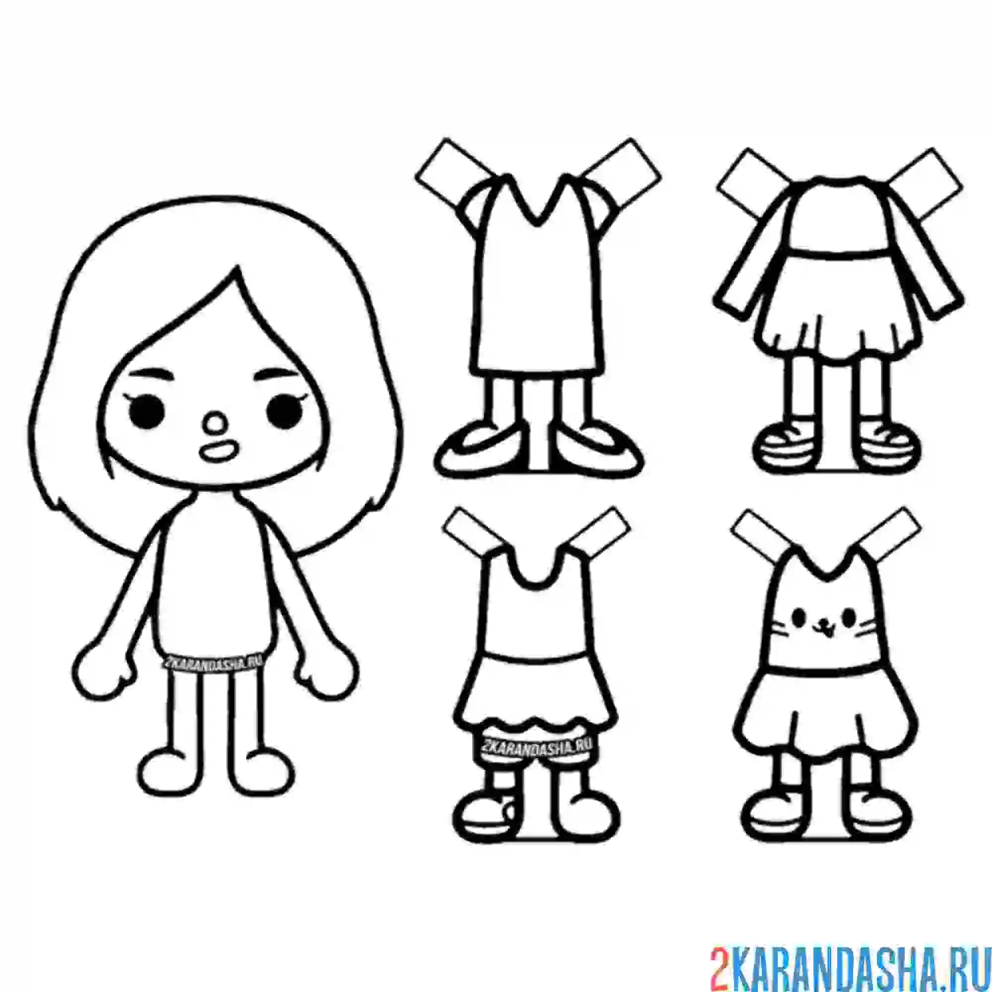 Раскраска тока бока кукла с одеждой для вырезания