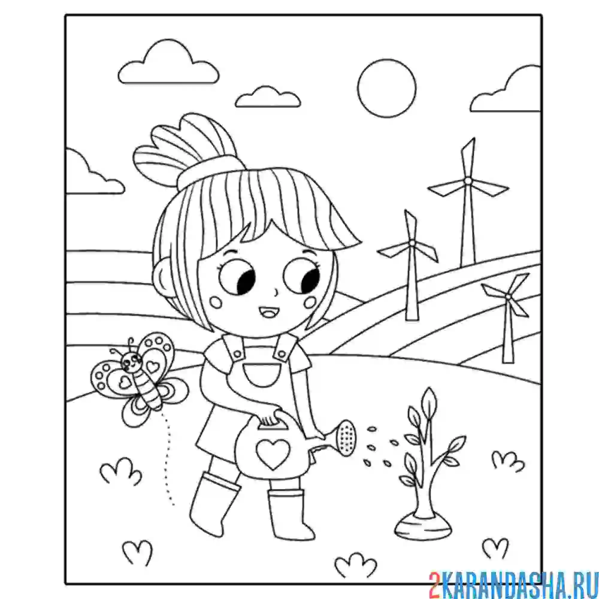 Раскраска девочка работает на земле