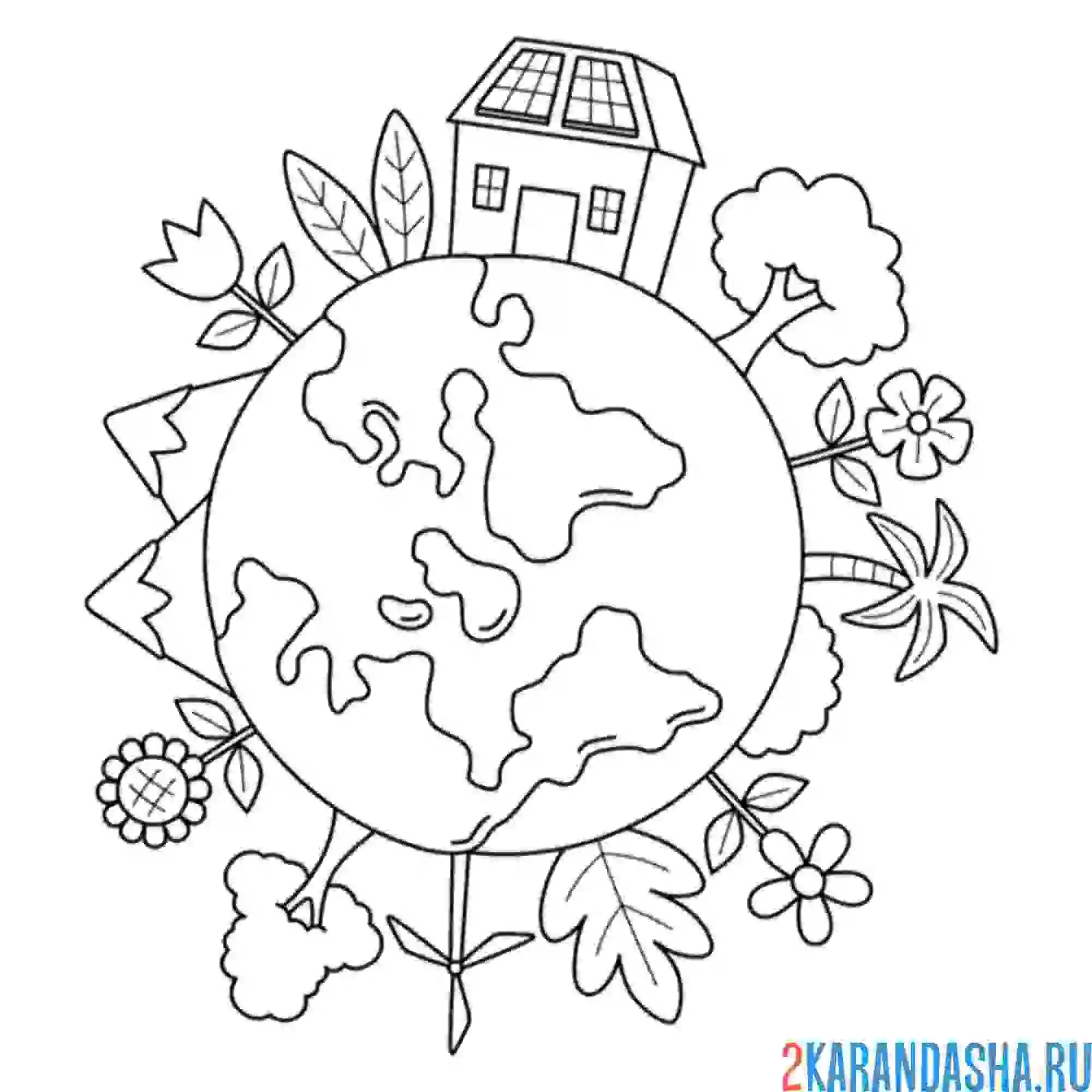 Раскраска дом и деревья на земле