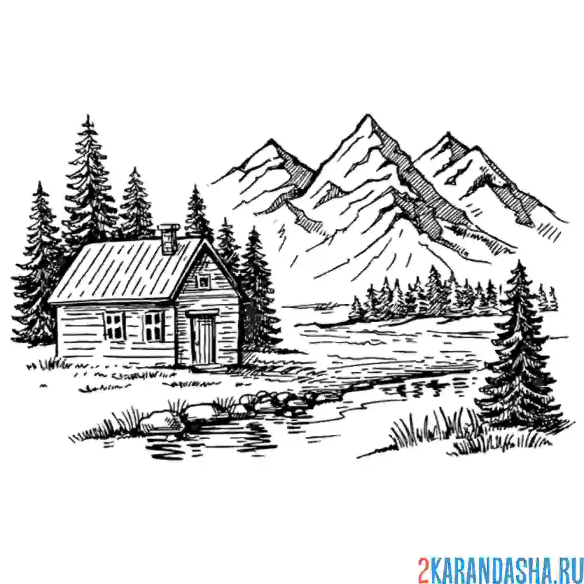 Раскраска домик в горном лесу