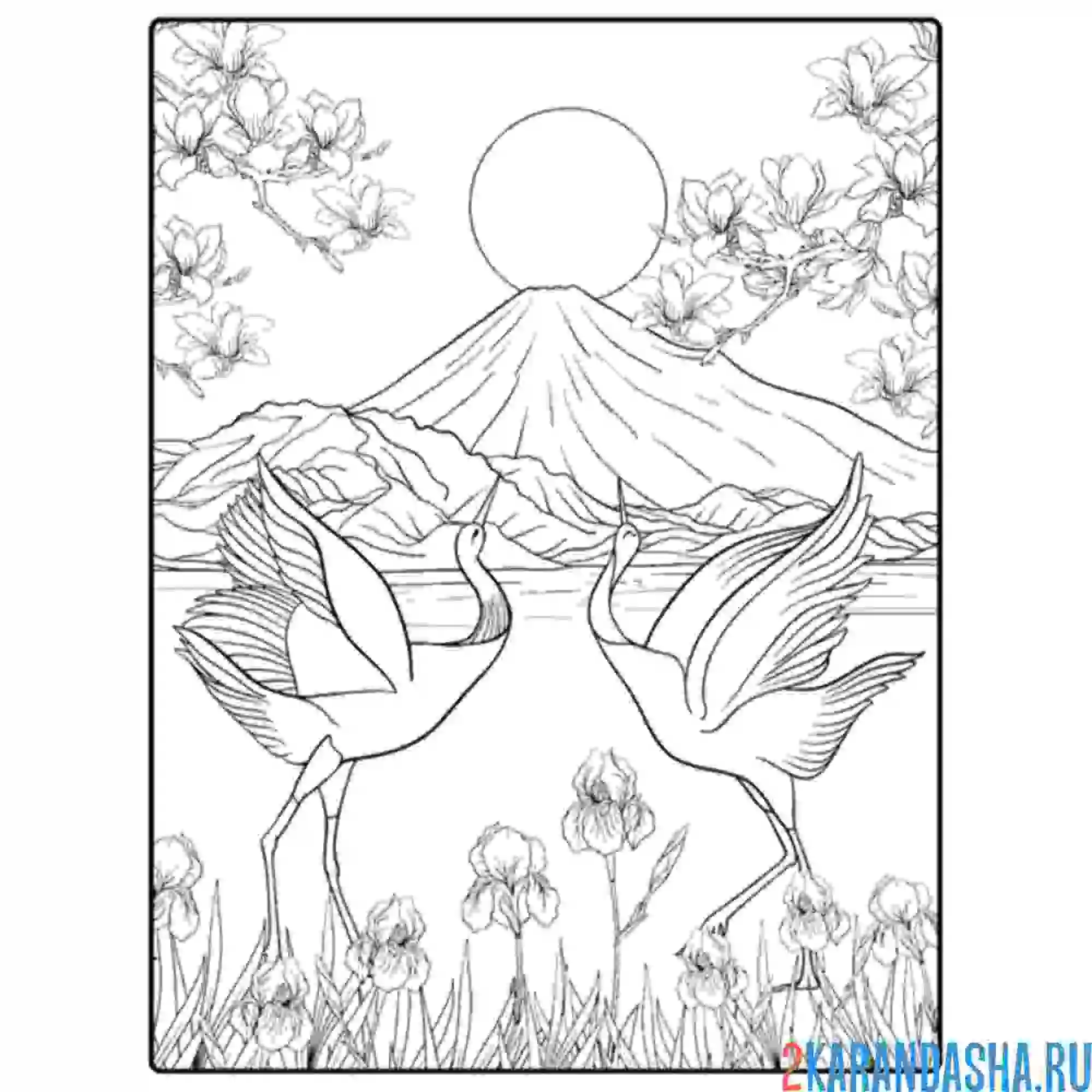 Раскраска журавли в горах японии