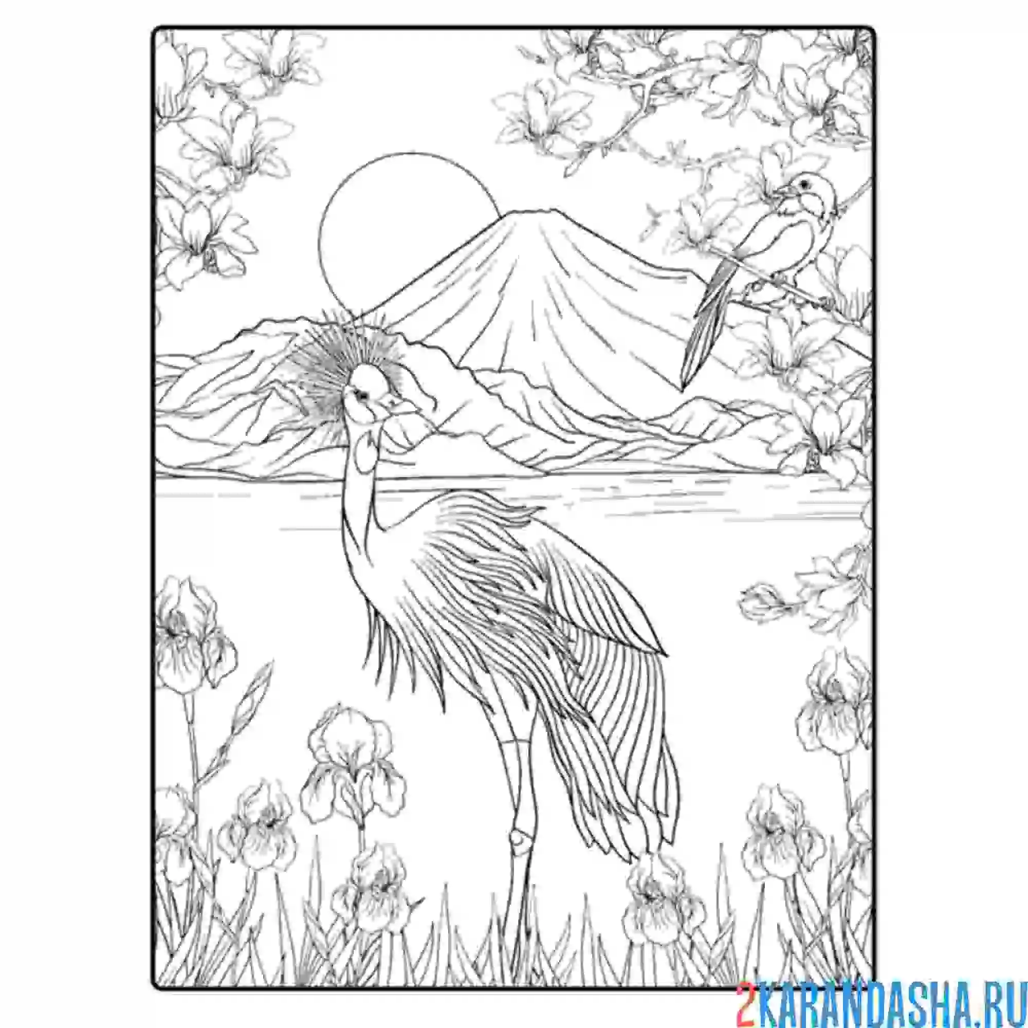 Раскраска горы закат япония