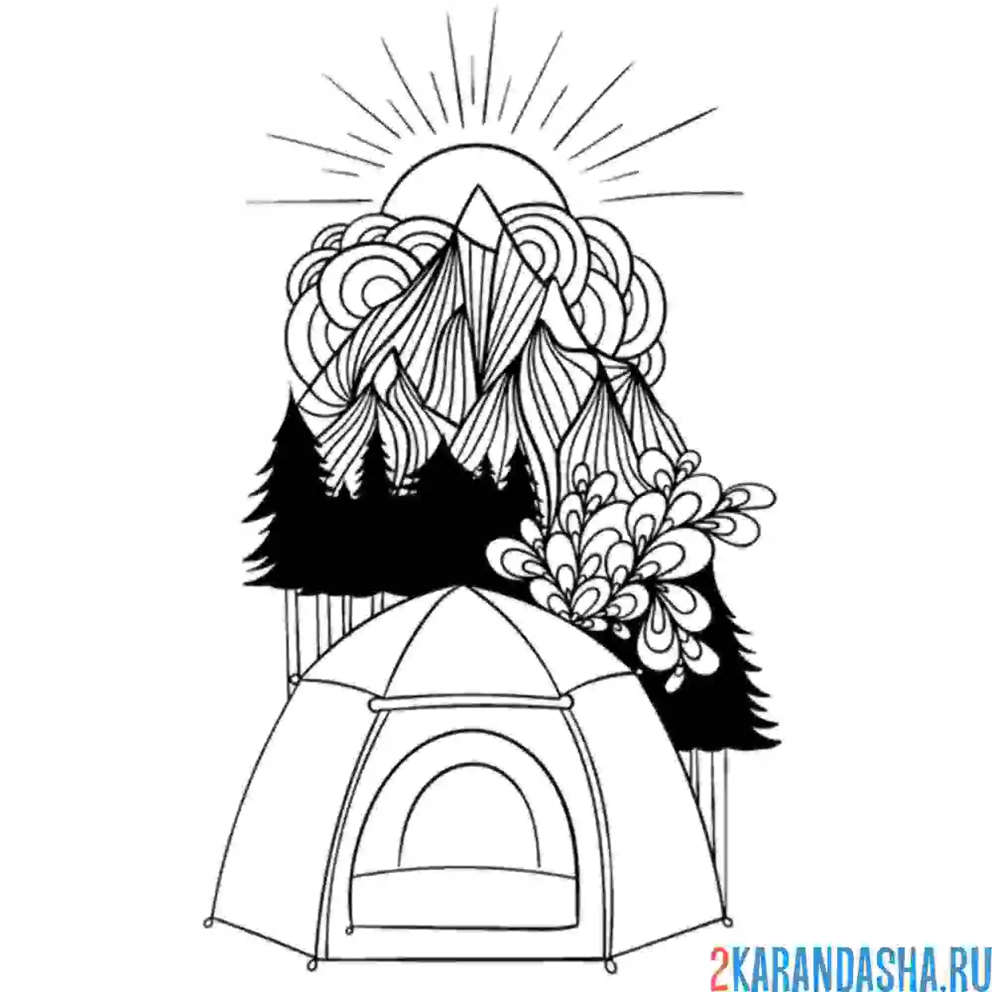 Раскраска палатка в горах