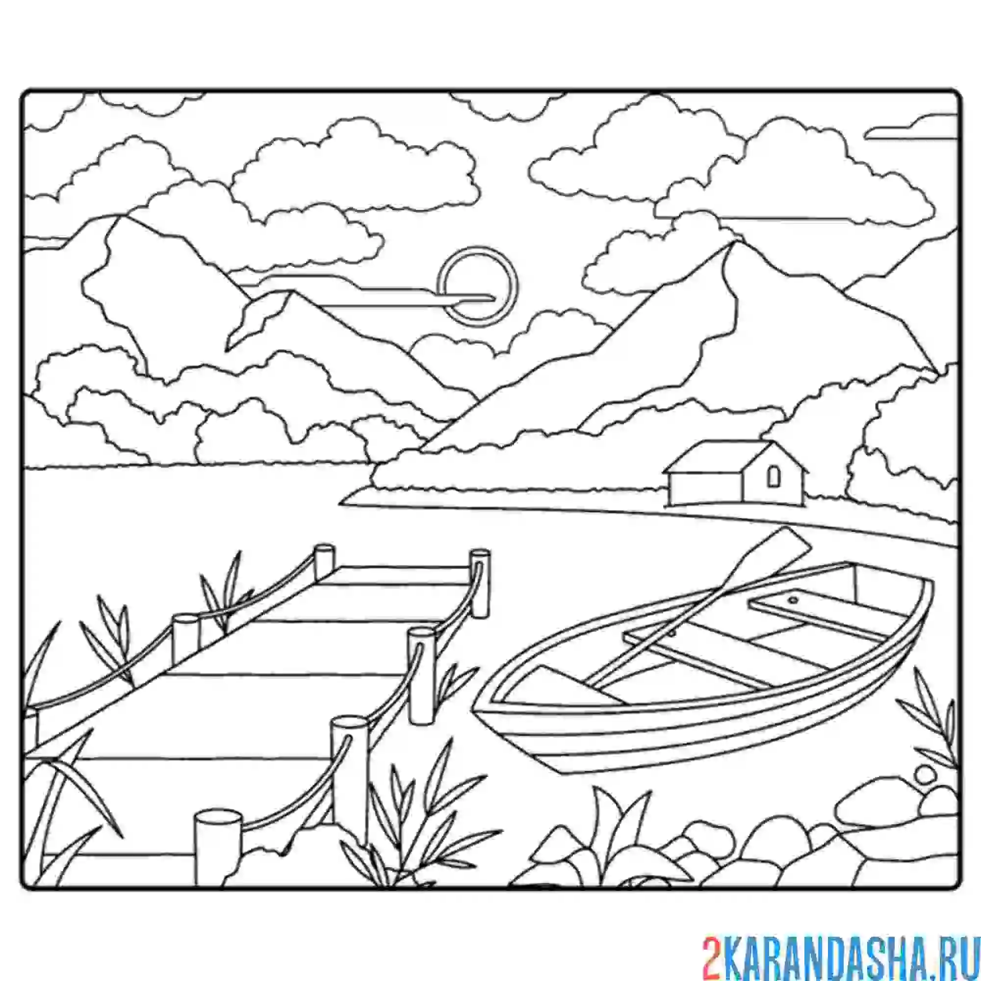 Раскраска горы, река и мостик