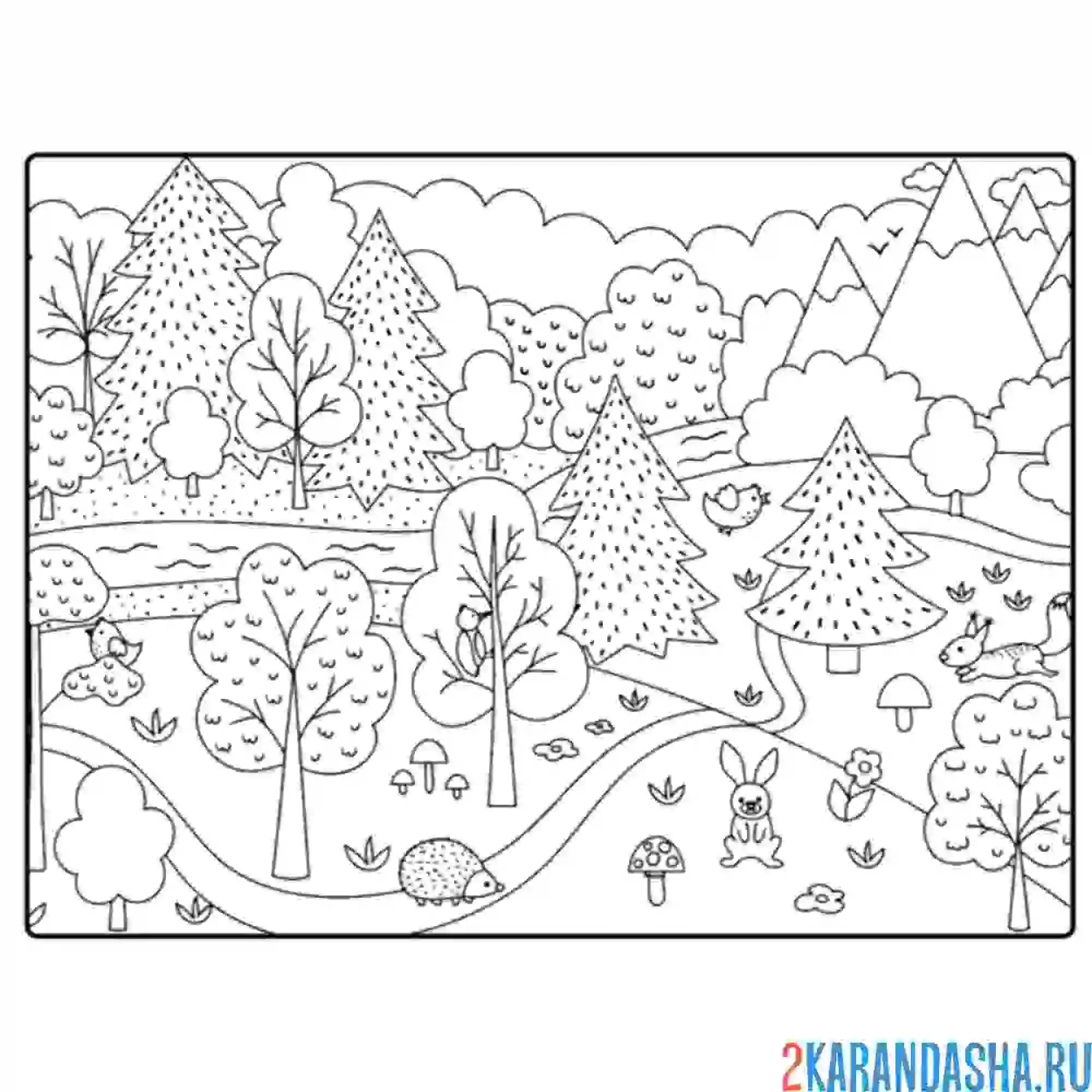 Раскраска лес, горы, животные