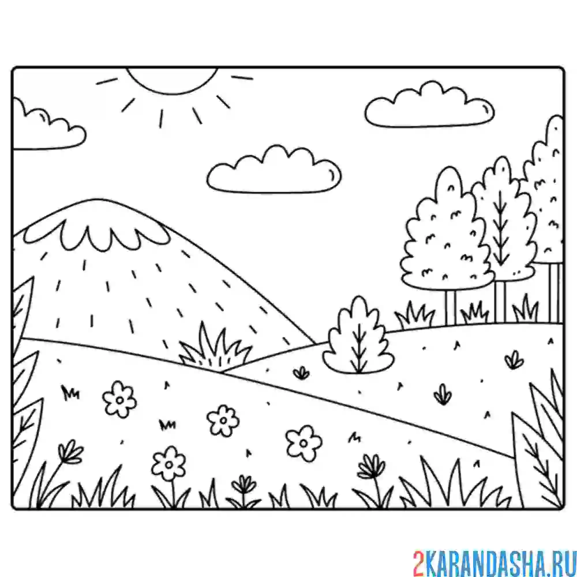 Раскраска горы, деревья, облака