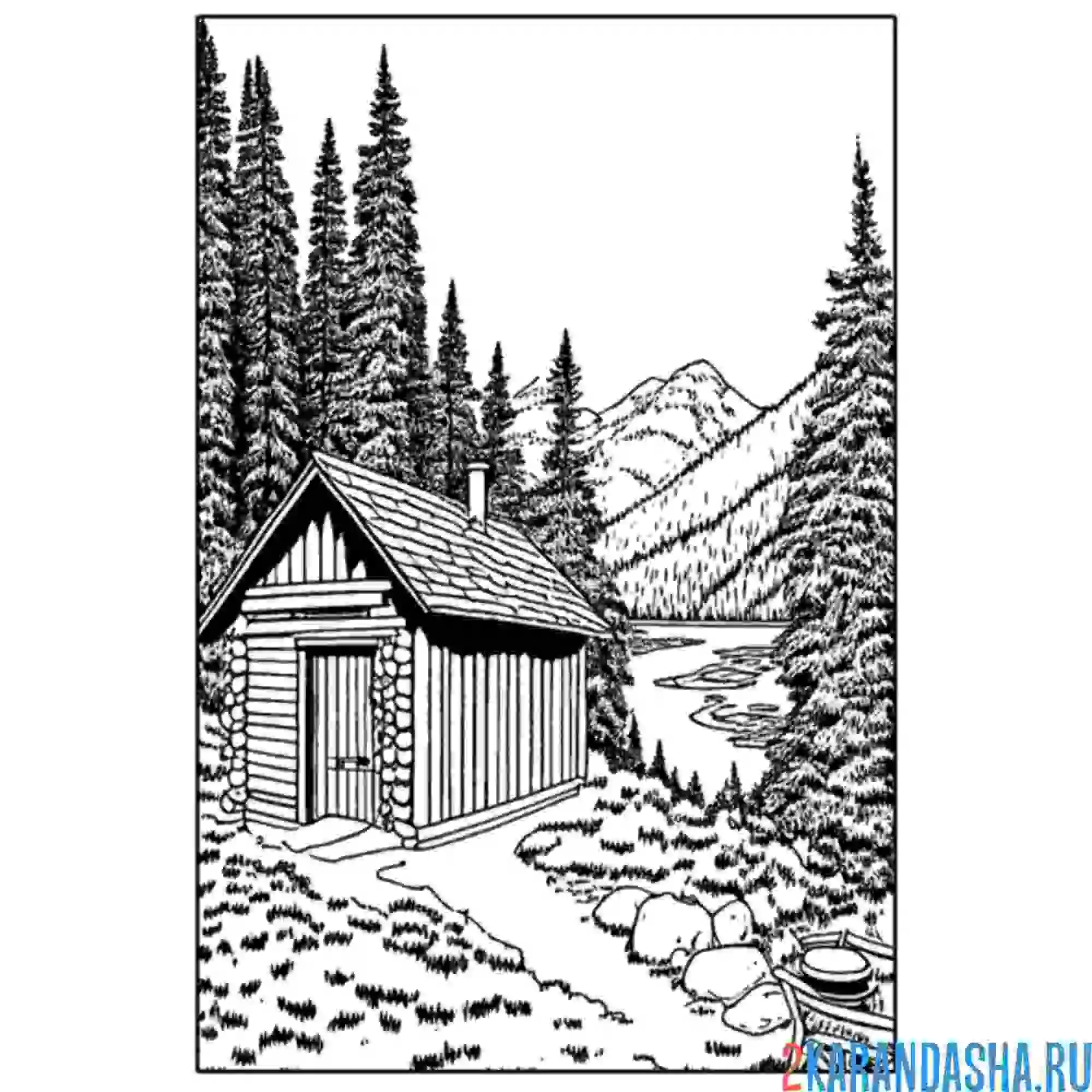 Раскраска дом лесничего в горах