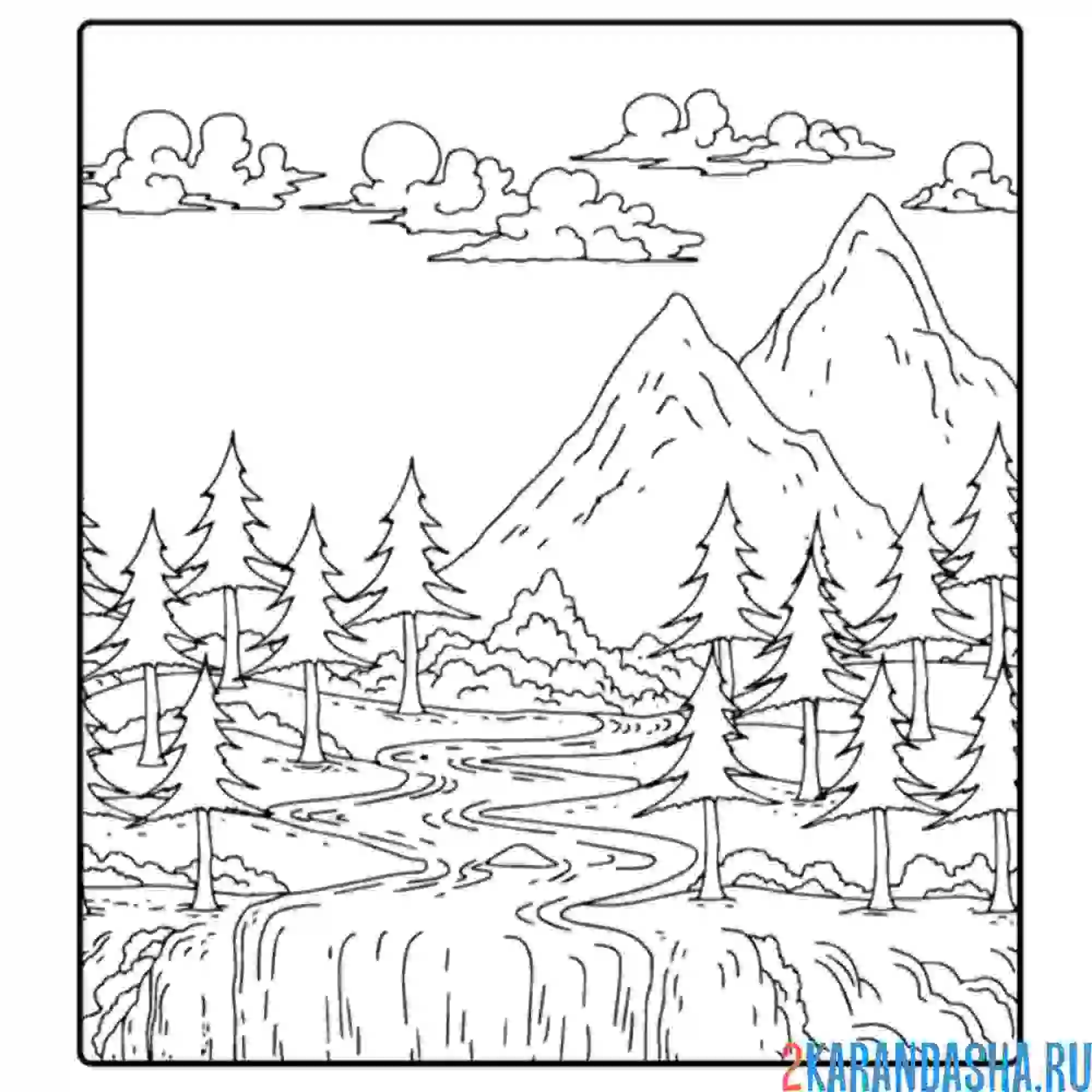 Раскраска горы за лесом