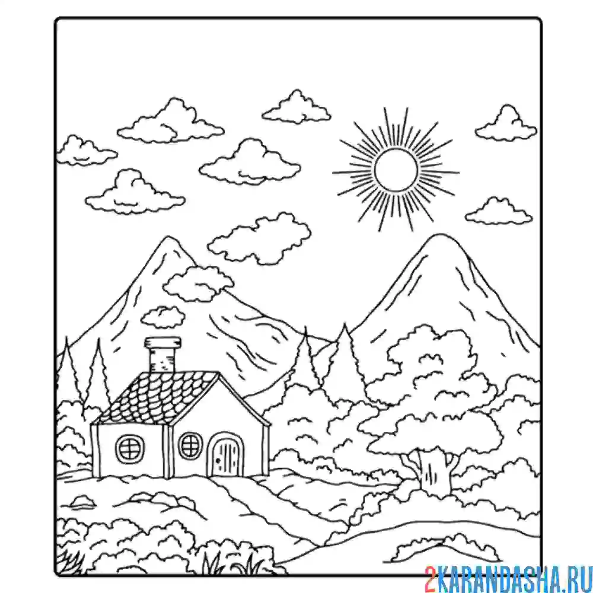 Раскраска одинокий дом в горах