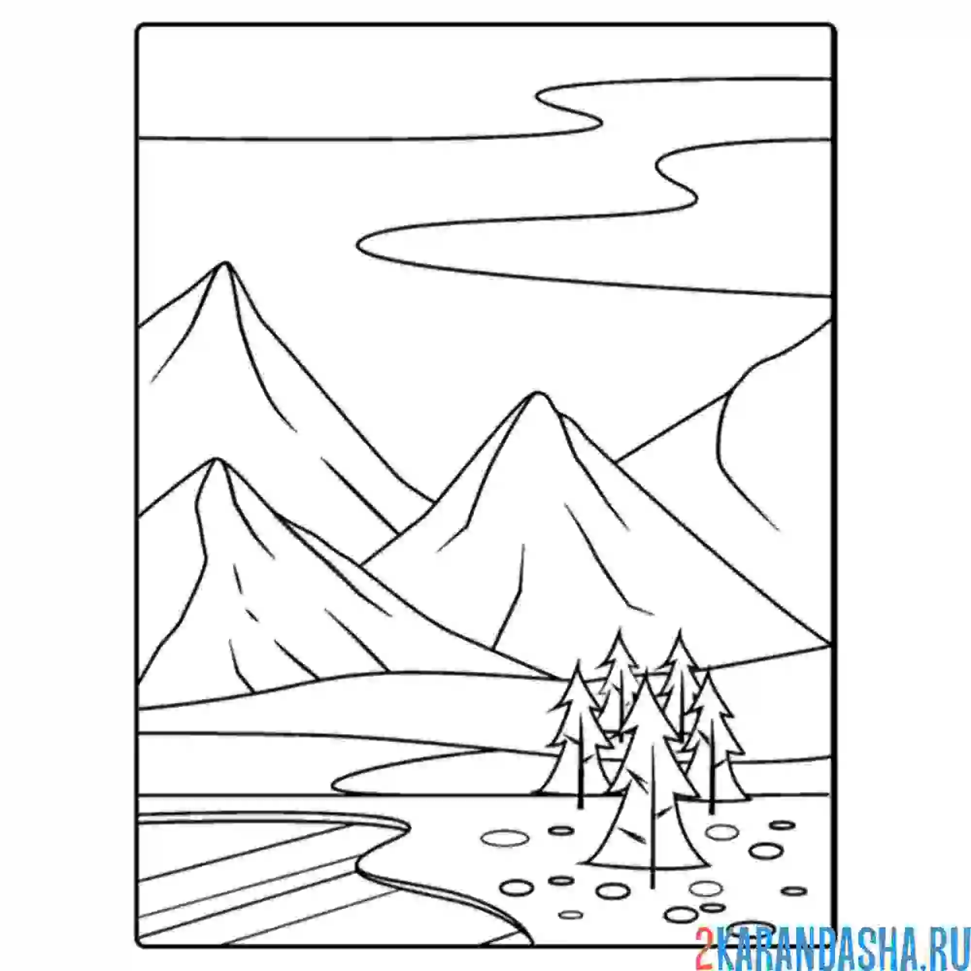 Раскраска горы, деревья, река