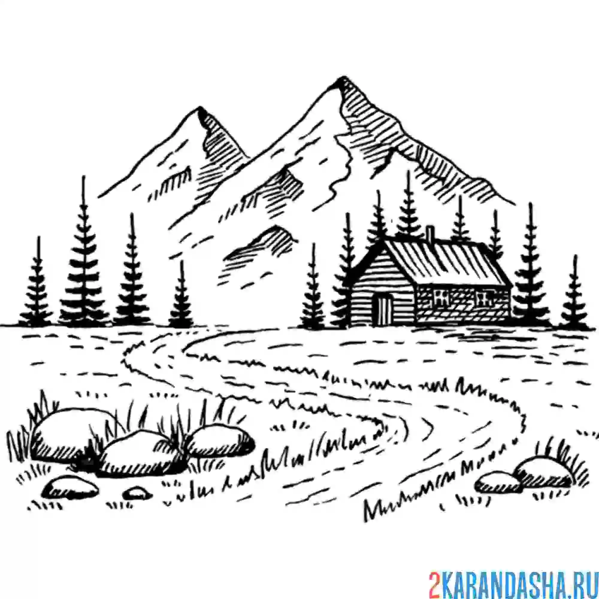 Раскраска сруб в лесу и горах