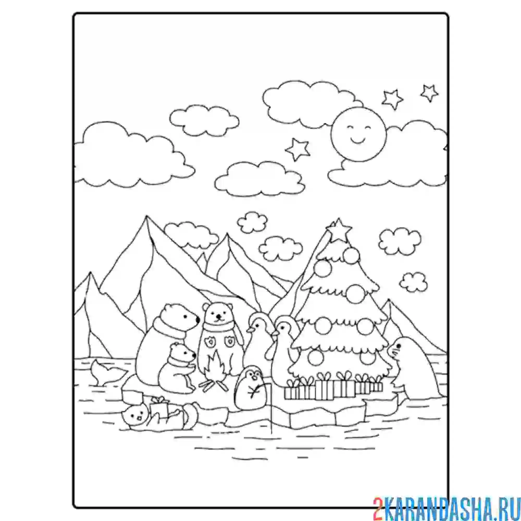 Раскраска льдины и горы, пингвины