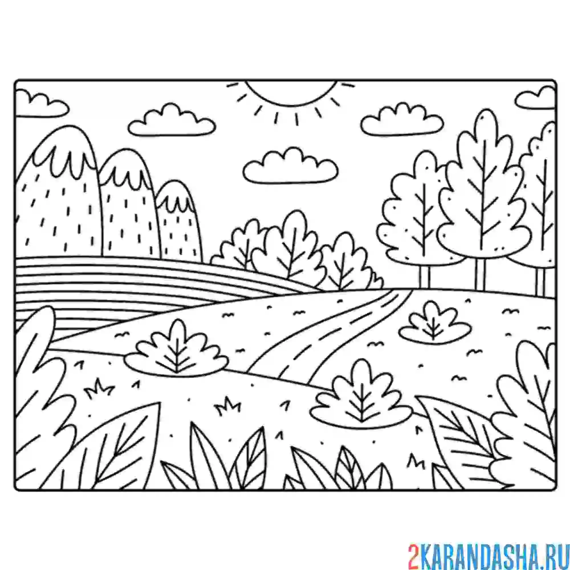 Раскраска горы и солнце в тучках