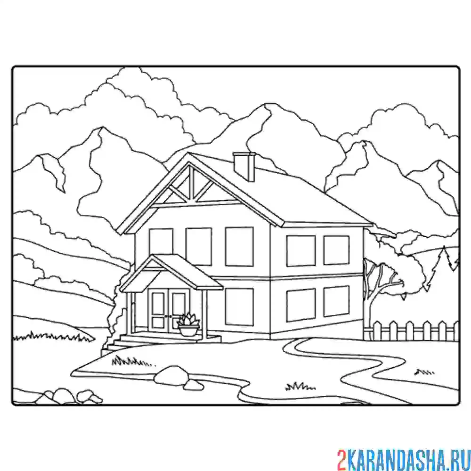 Раскраска двухэтажный дом в лесу горах