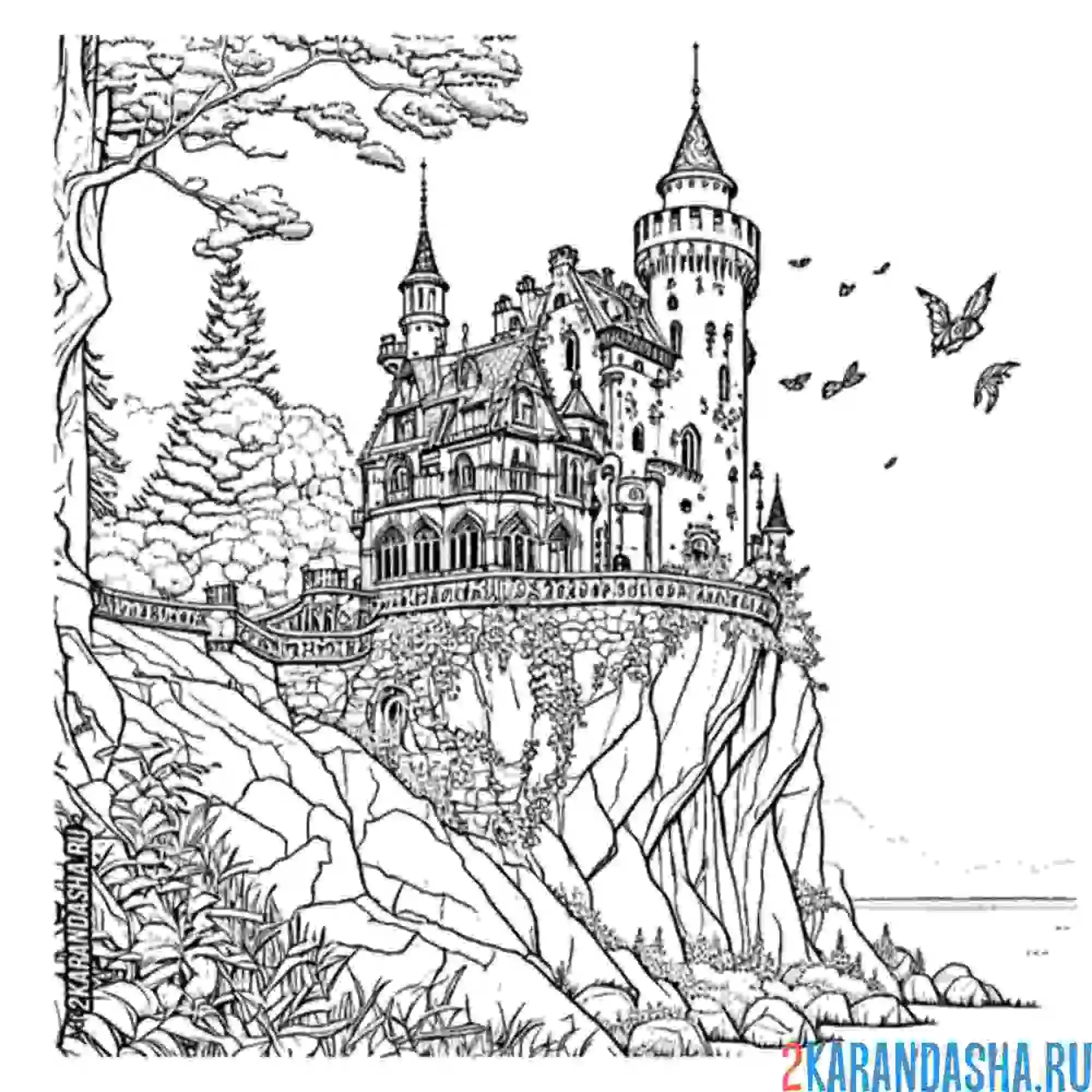Раскраска замок на обрыве