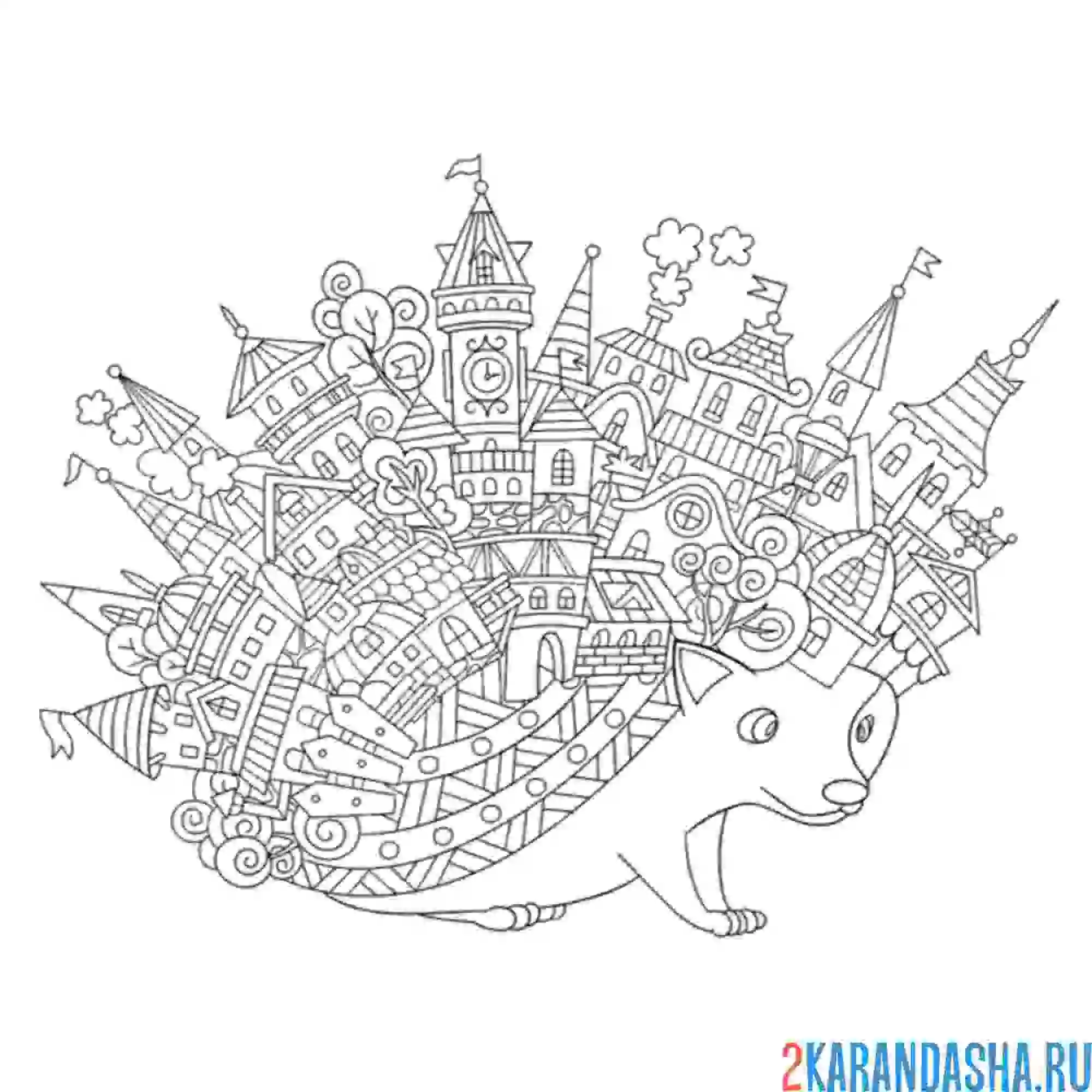 Раскраска ежик с городом