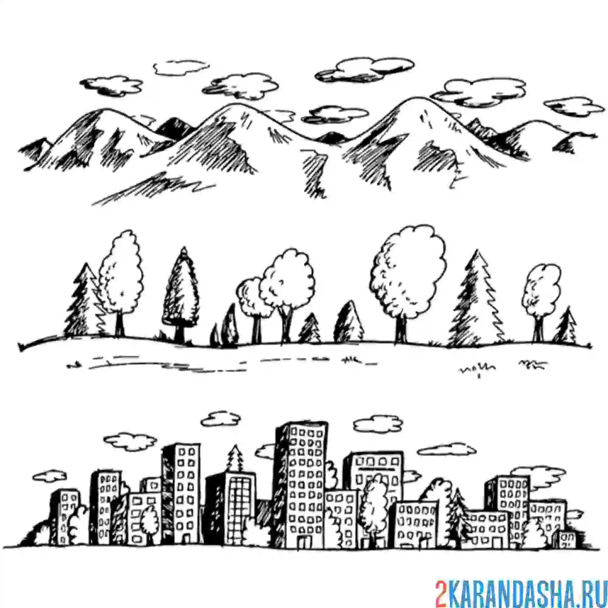 Раскраска горы, леса и город