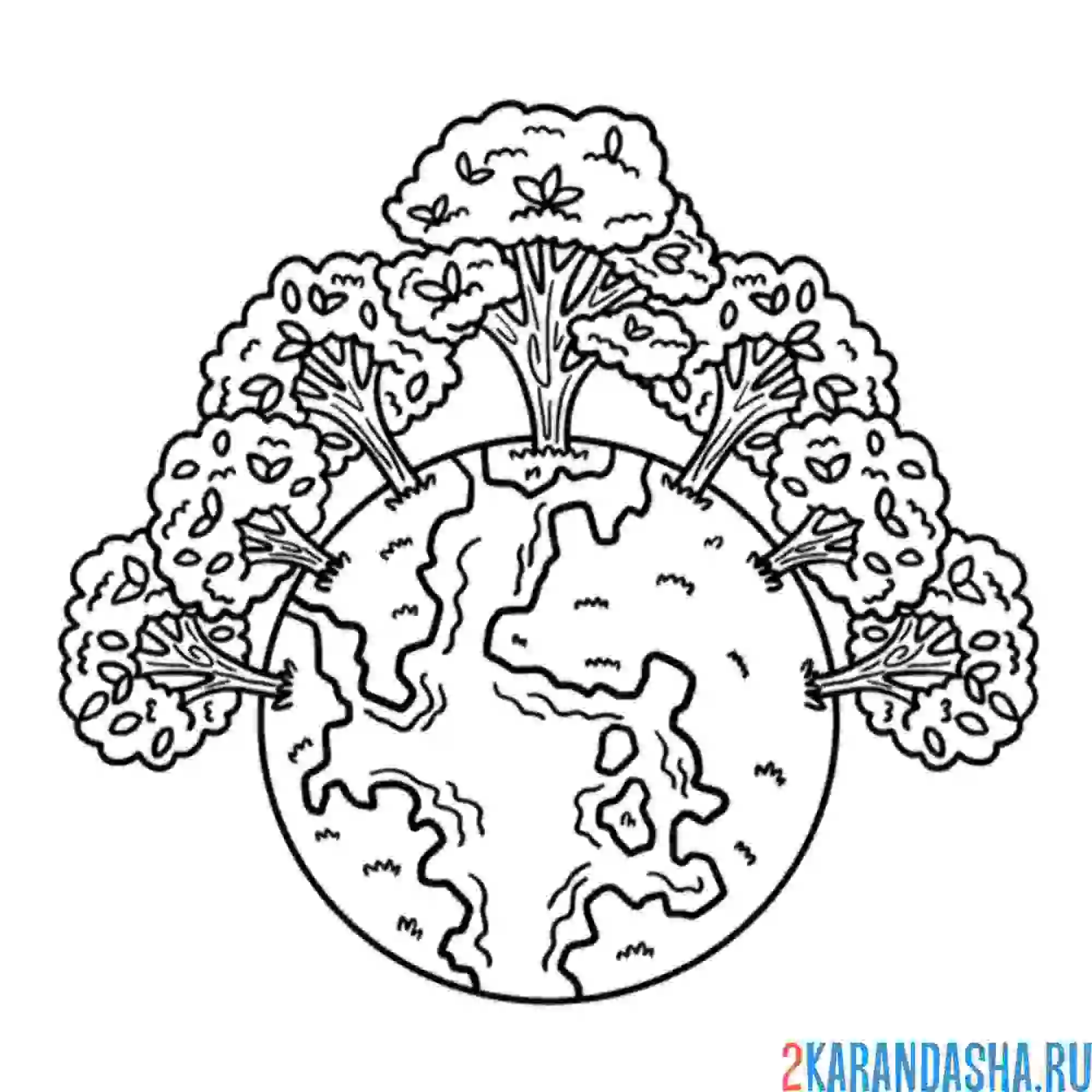 Раскраска планета с деревьями