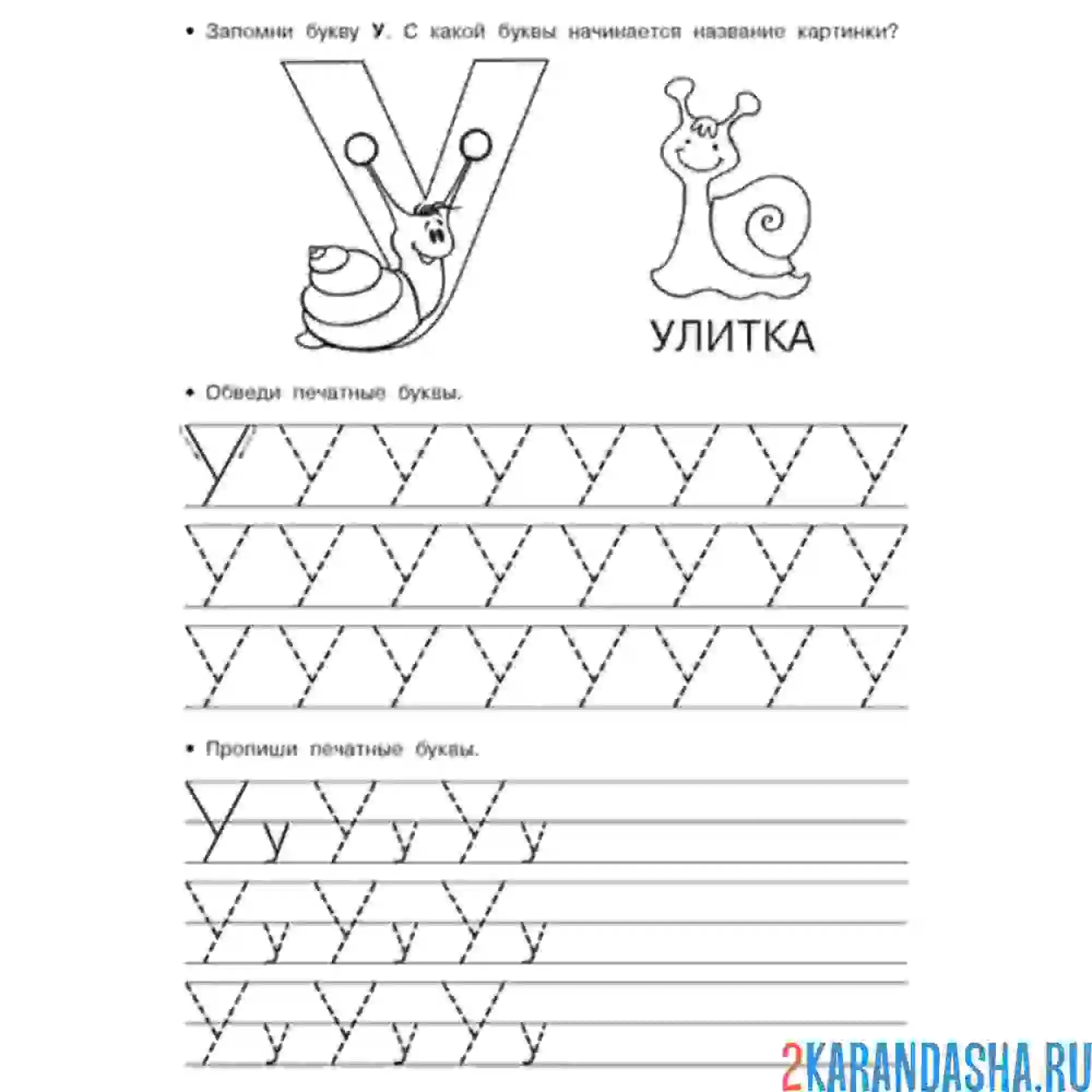Раскраска картинка улитки на прописи буква у