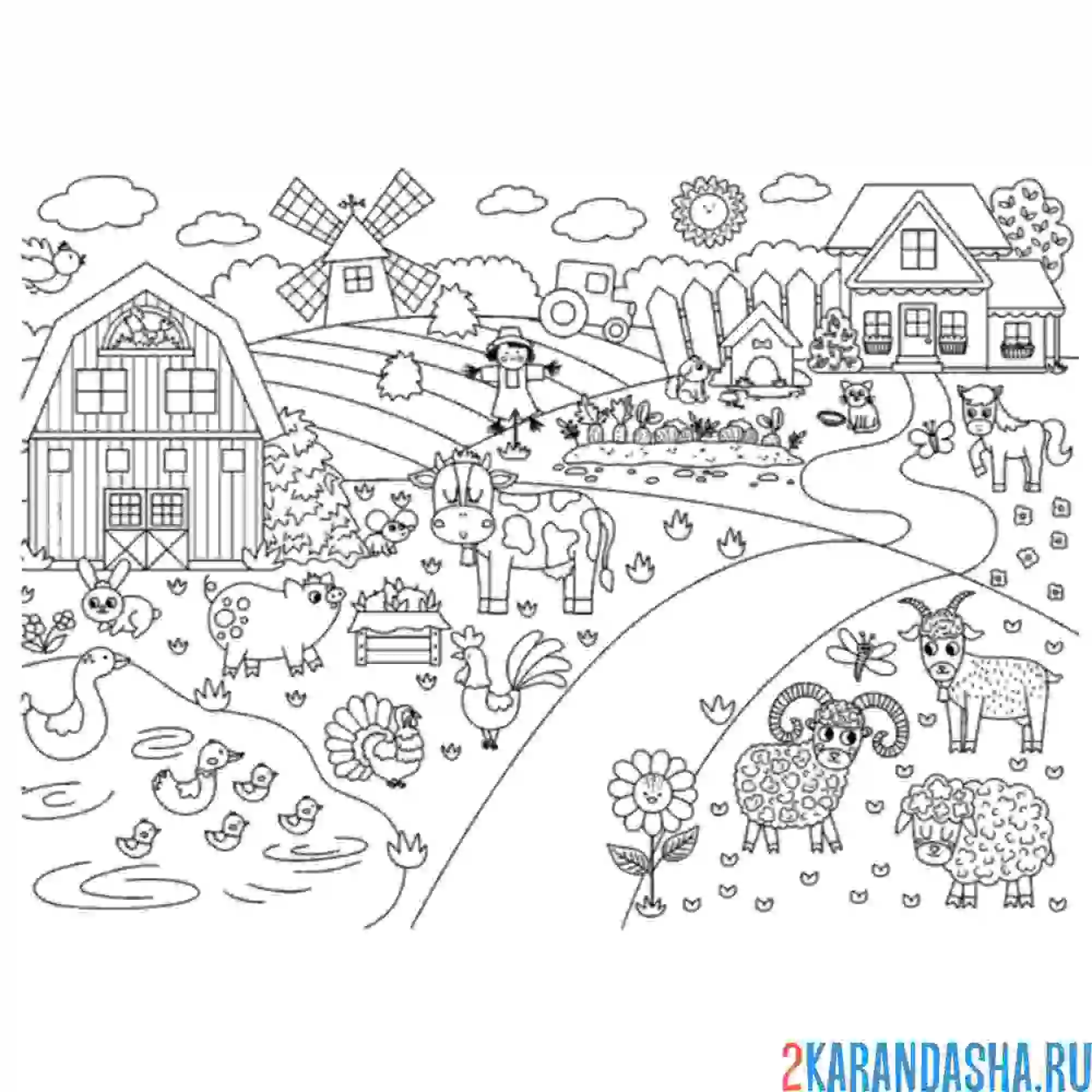 Раскраска деревенский пейзаж