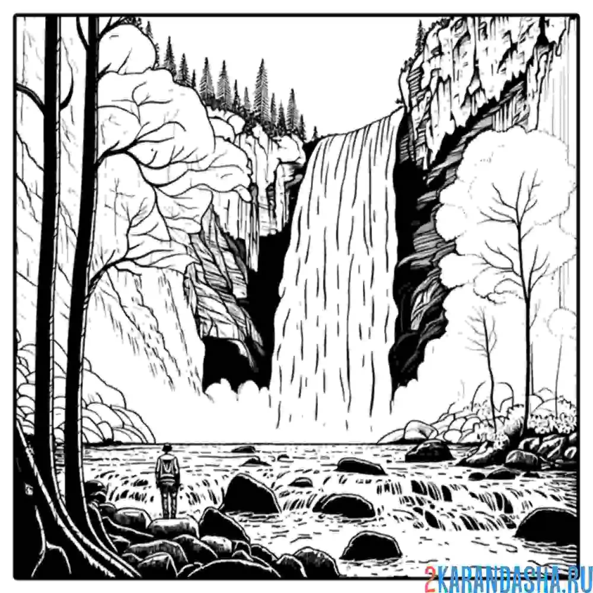 Раскраска летний пейзаж водопад