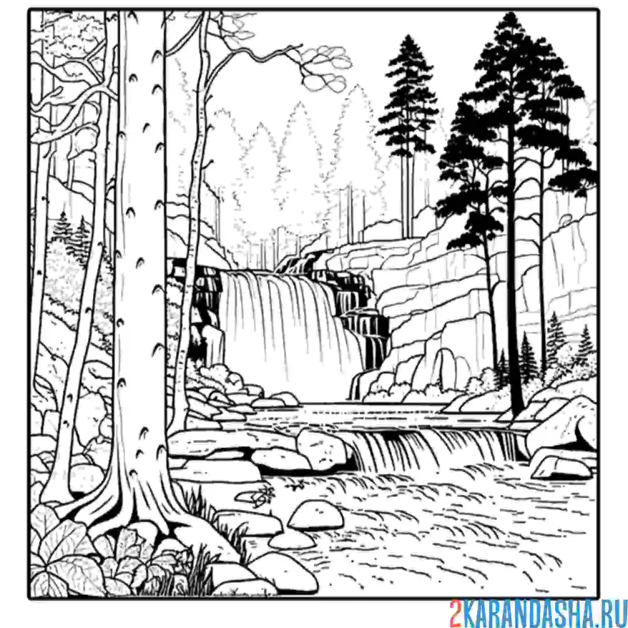 Раскраска летний пейзаж с водопадом