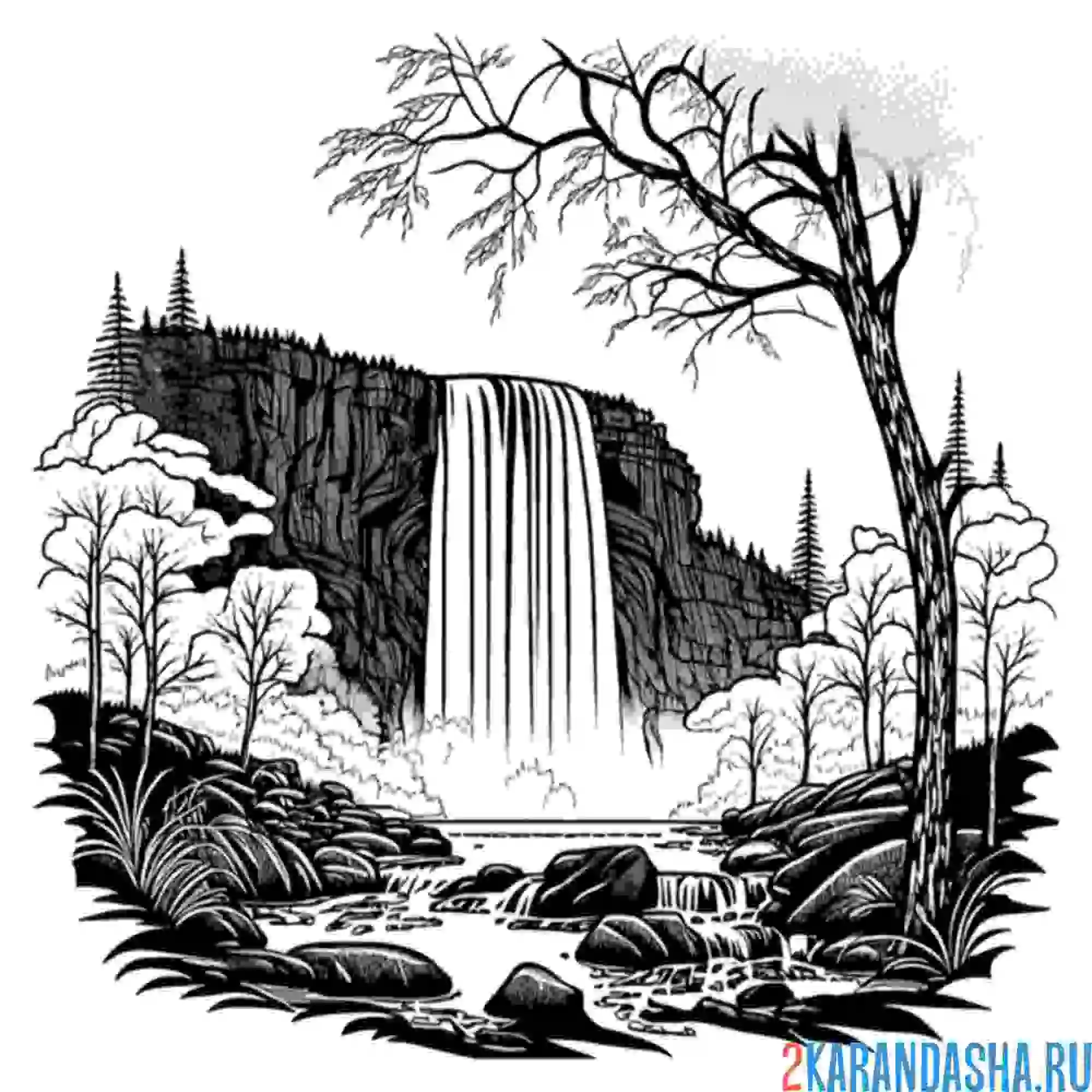 Раскраска водопад летний пейзад