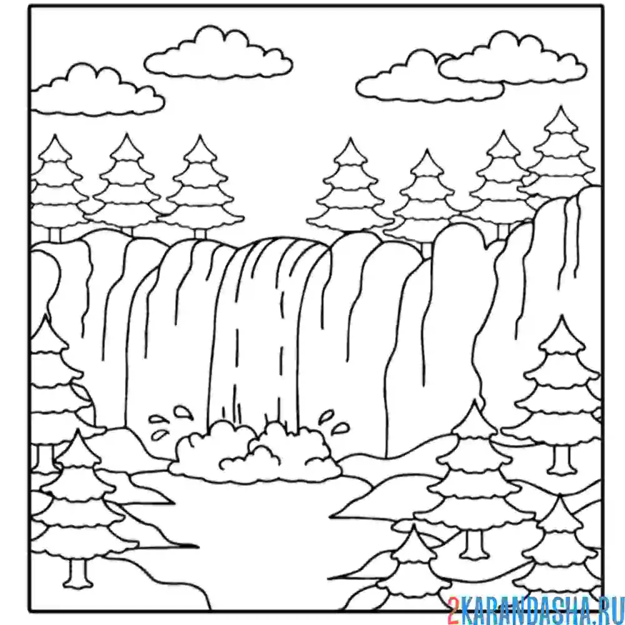 Раскраска елки и водопад летний пейзаж