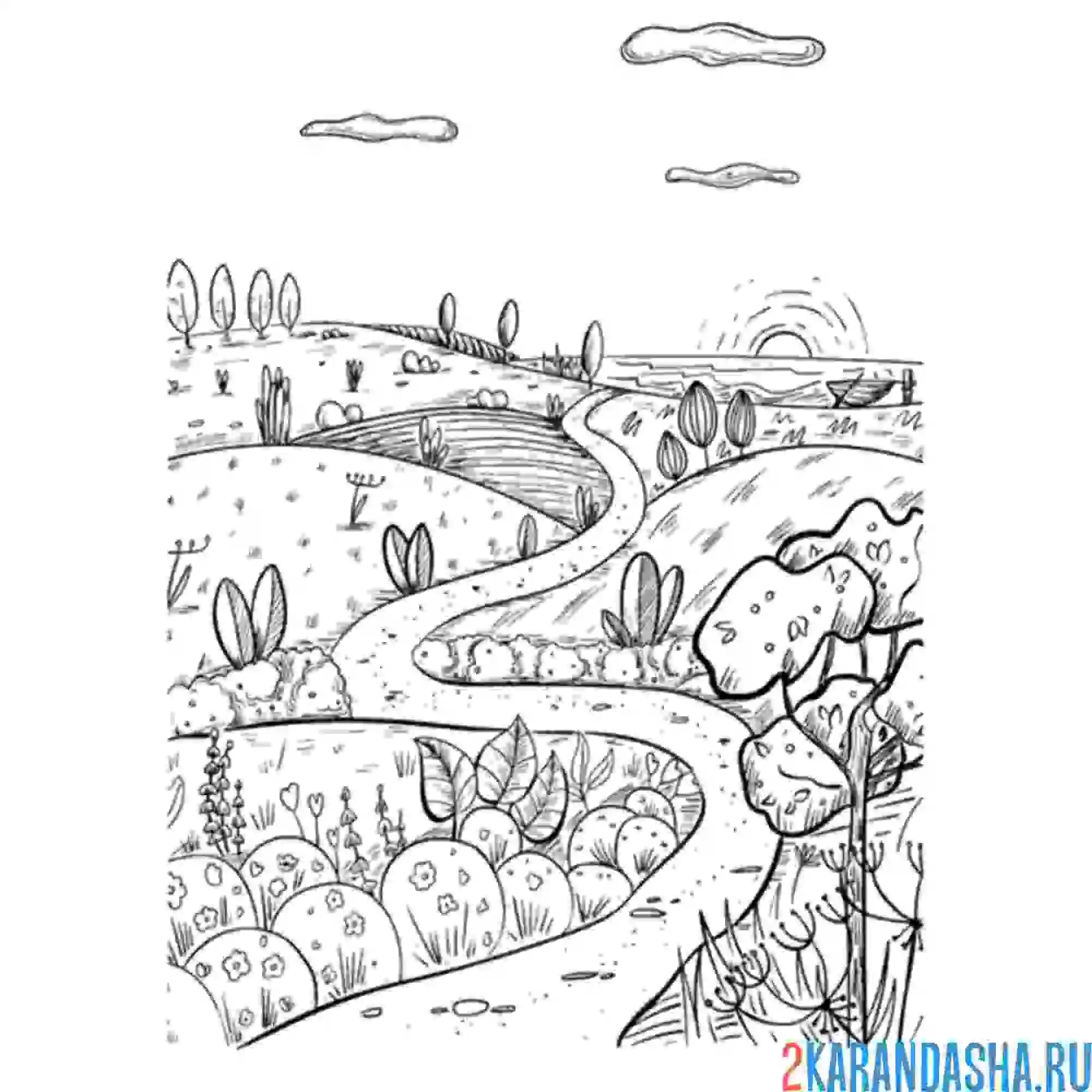 Раскраска пейзаж холмы природа