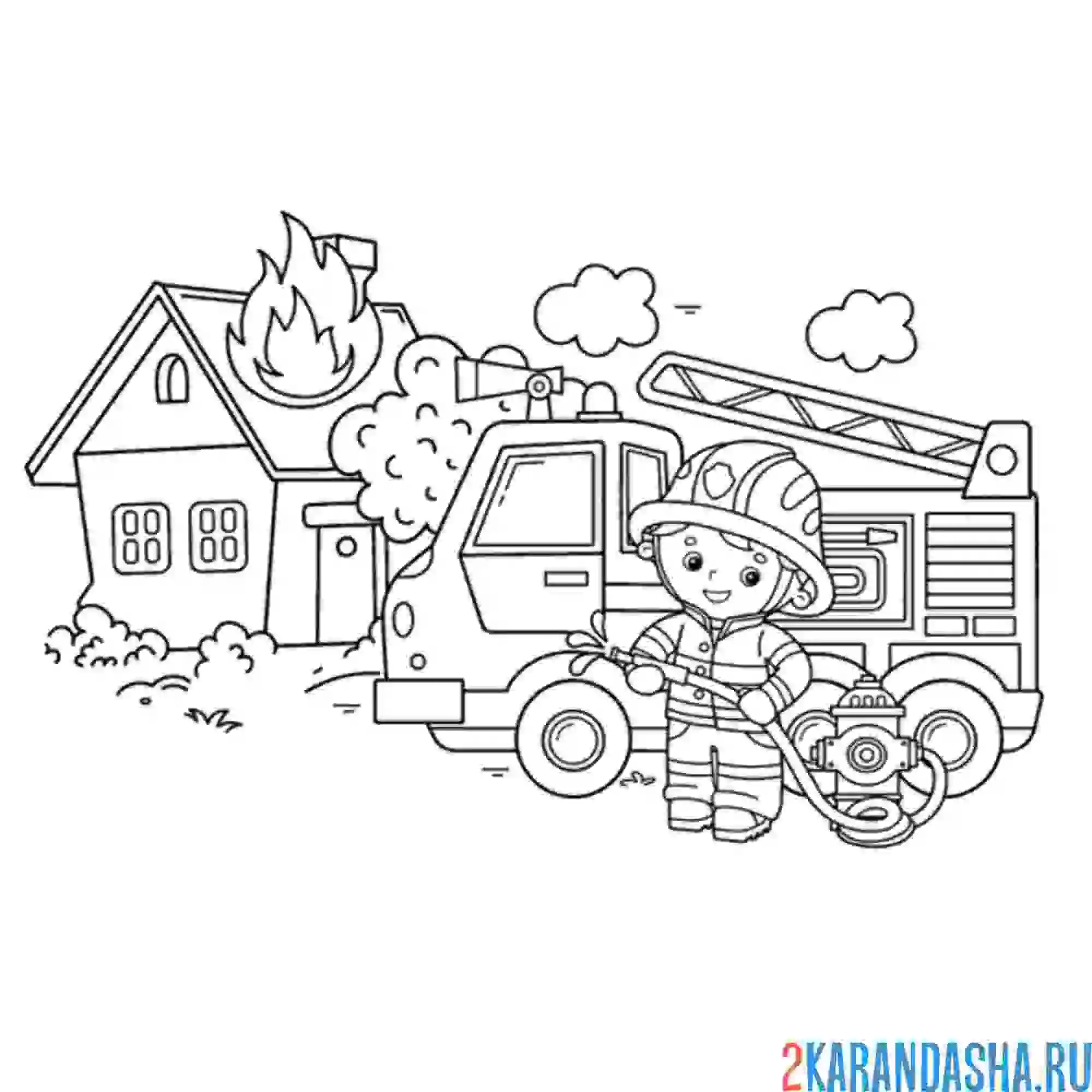 Раскраска дом пожар пожарный огонь