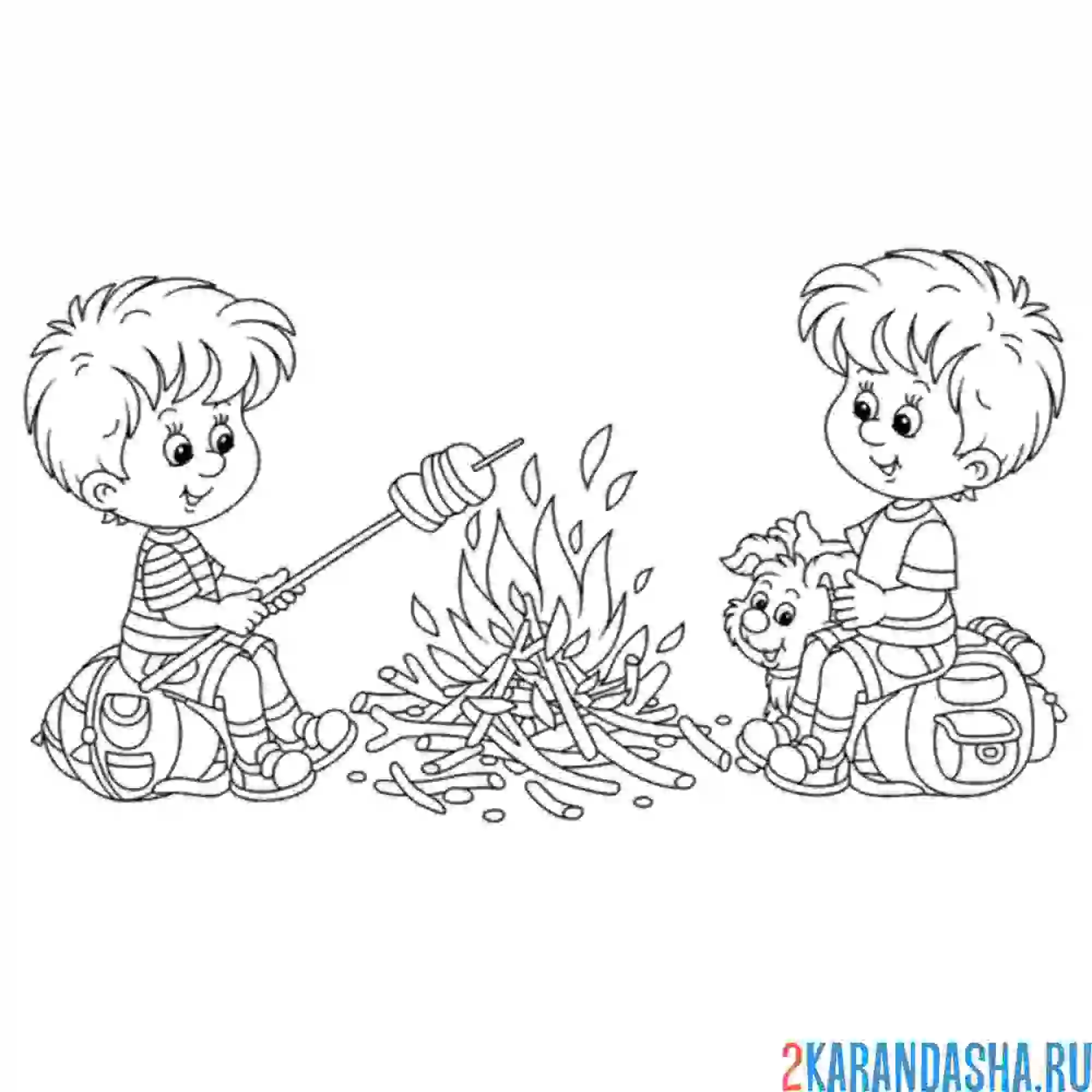 Раскраска дети на пикнике с костром