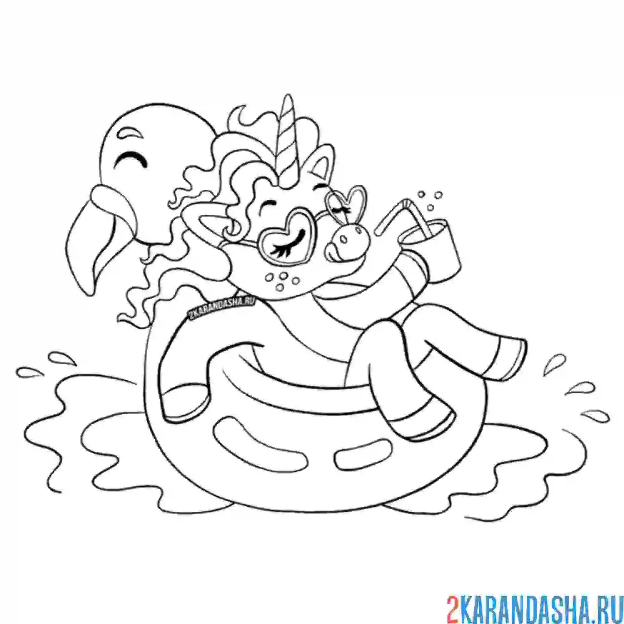 Раскраска единорог на фламинго