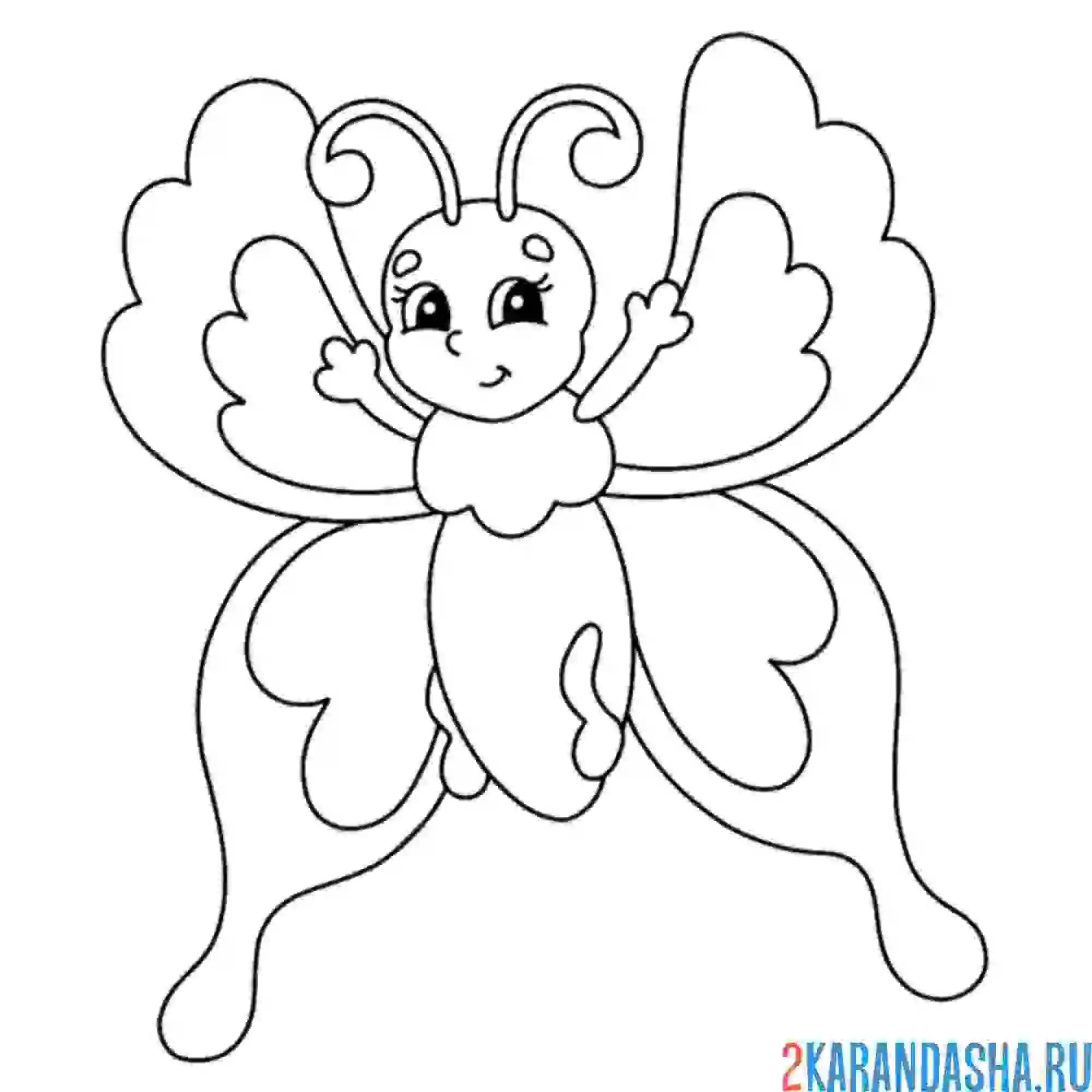 Раскраска мультяшная бабочка с улыбкой