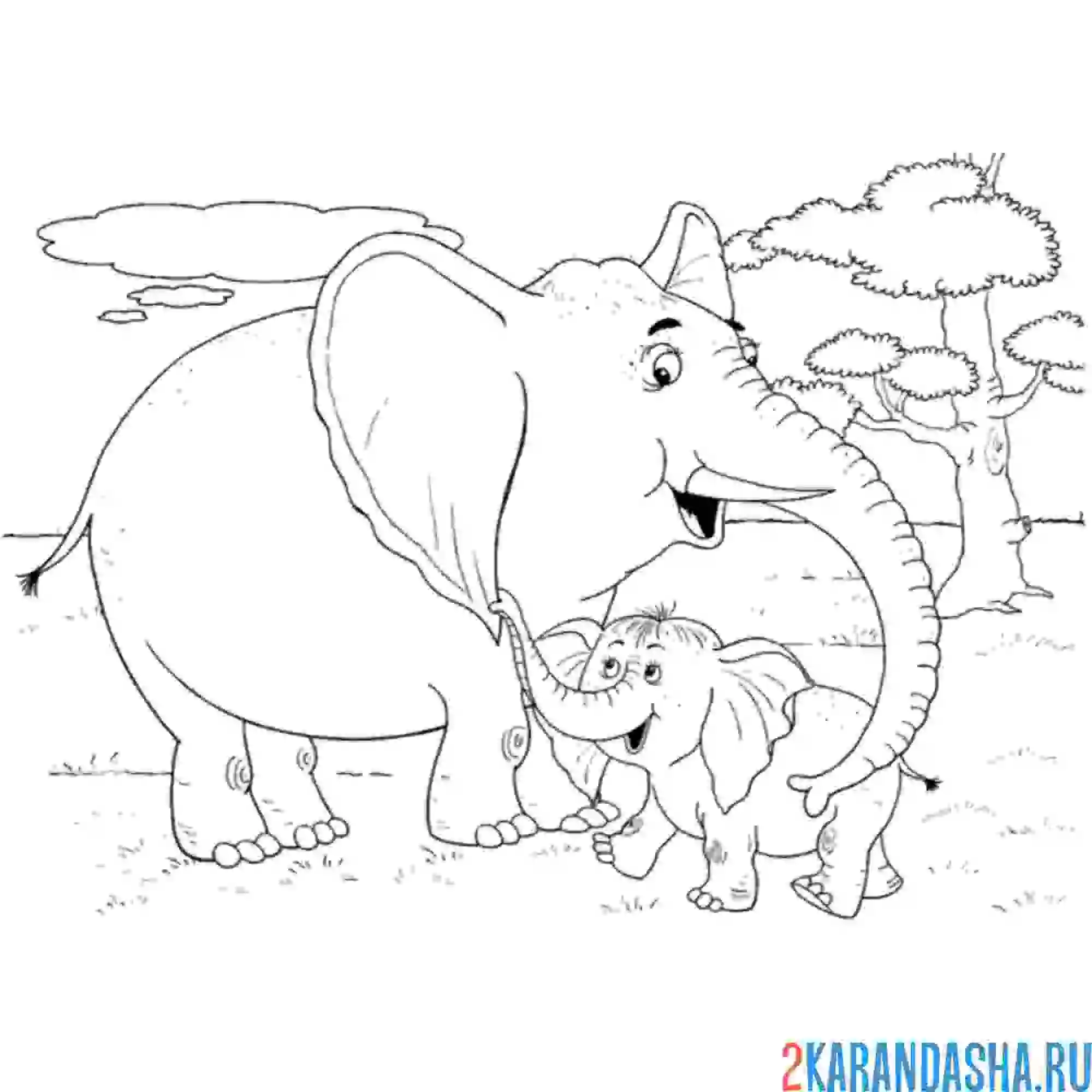 Раскраска африканские слоны семья