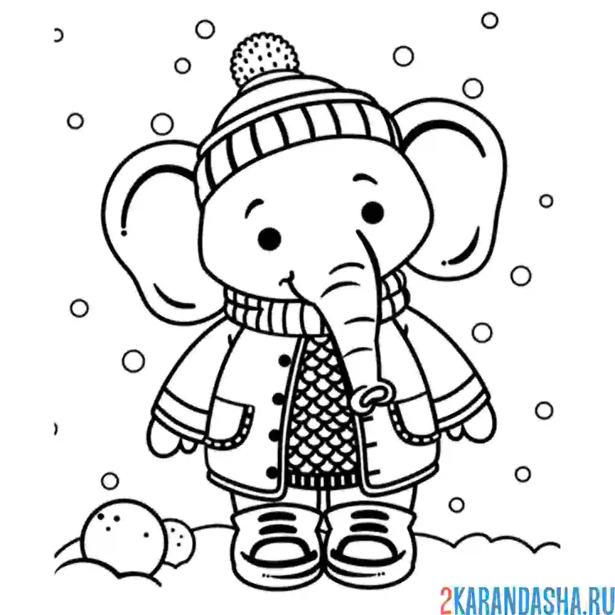 Раскраска слон в зимней одежде