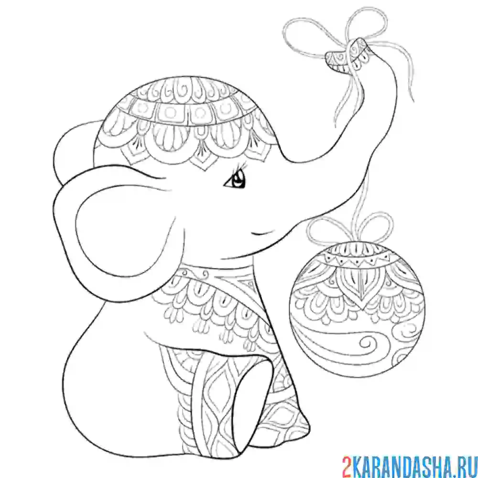 Раскраска слон с елочной игрушкой