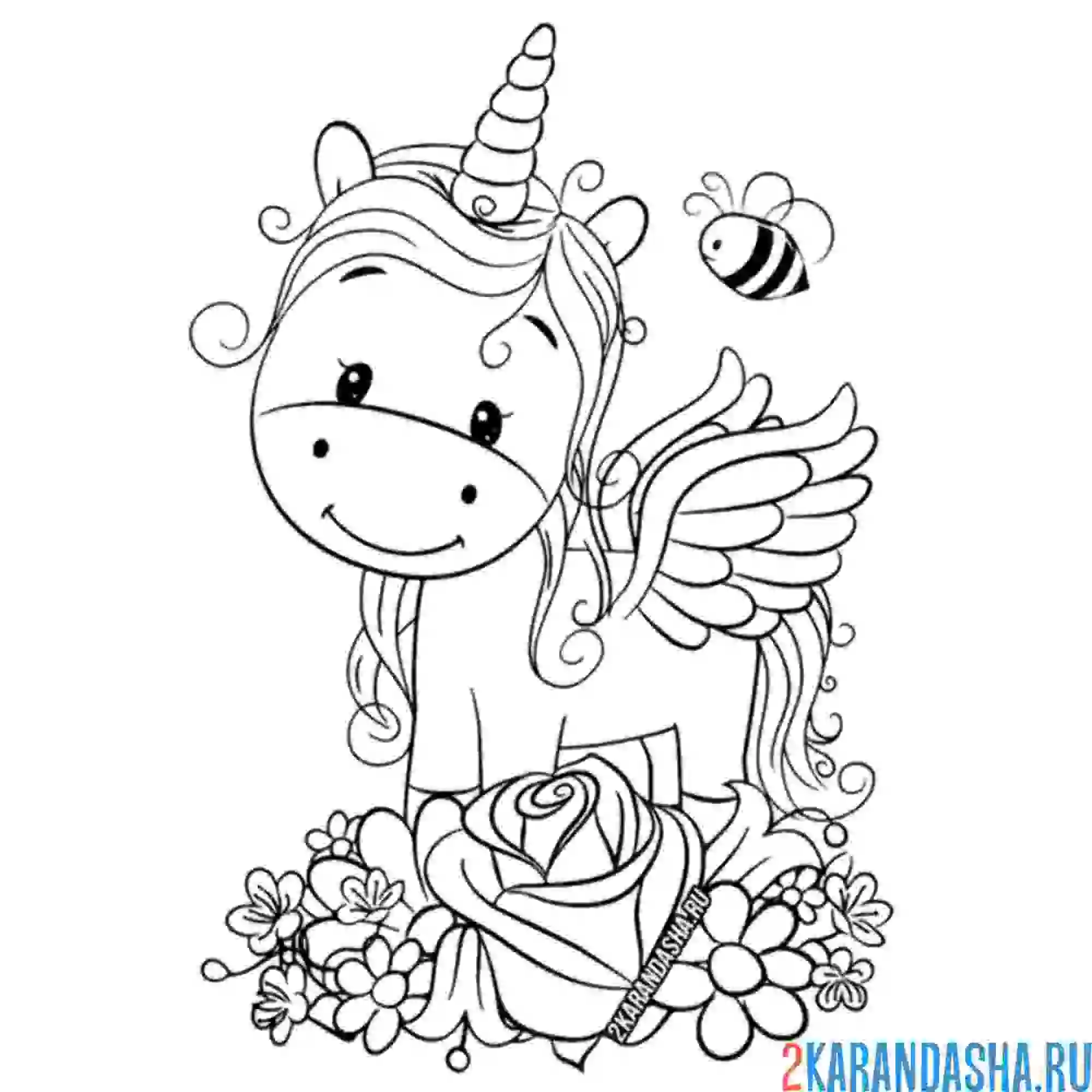 Раскраска единорог в цветах с пчелкой