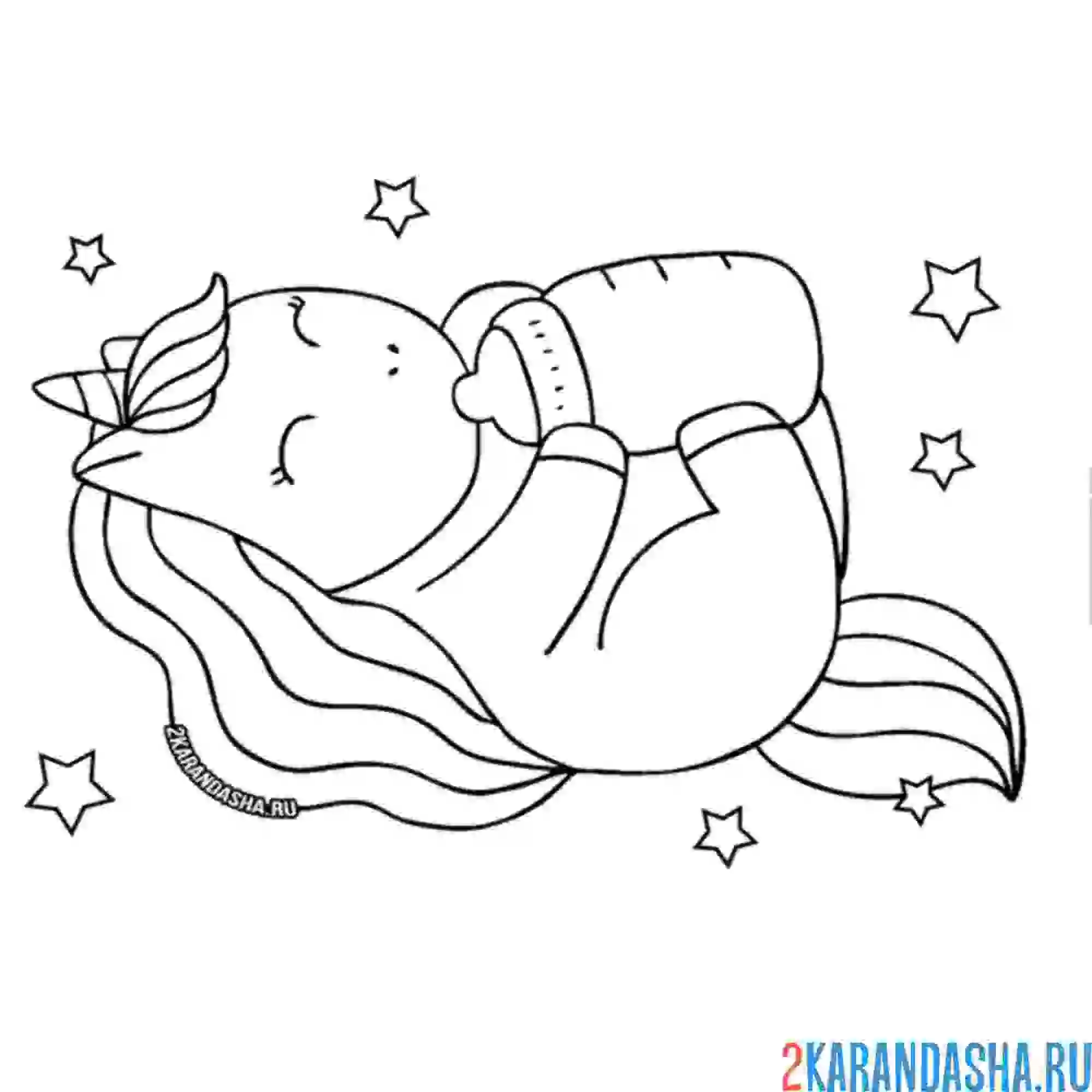 Раскраска малыш-единорог с бутылочкой