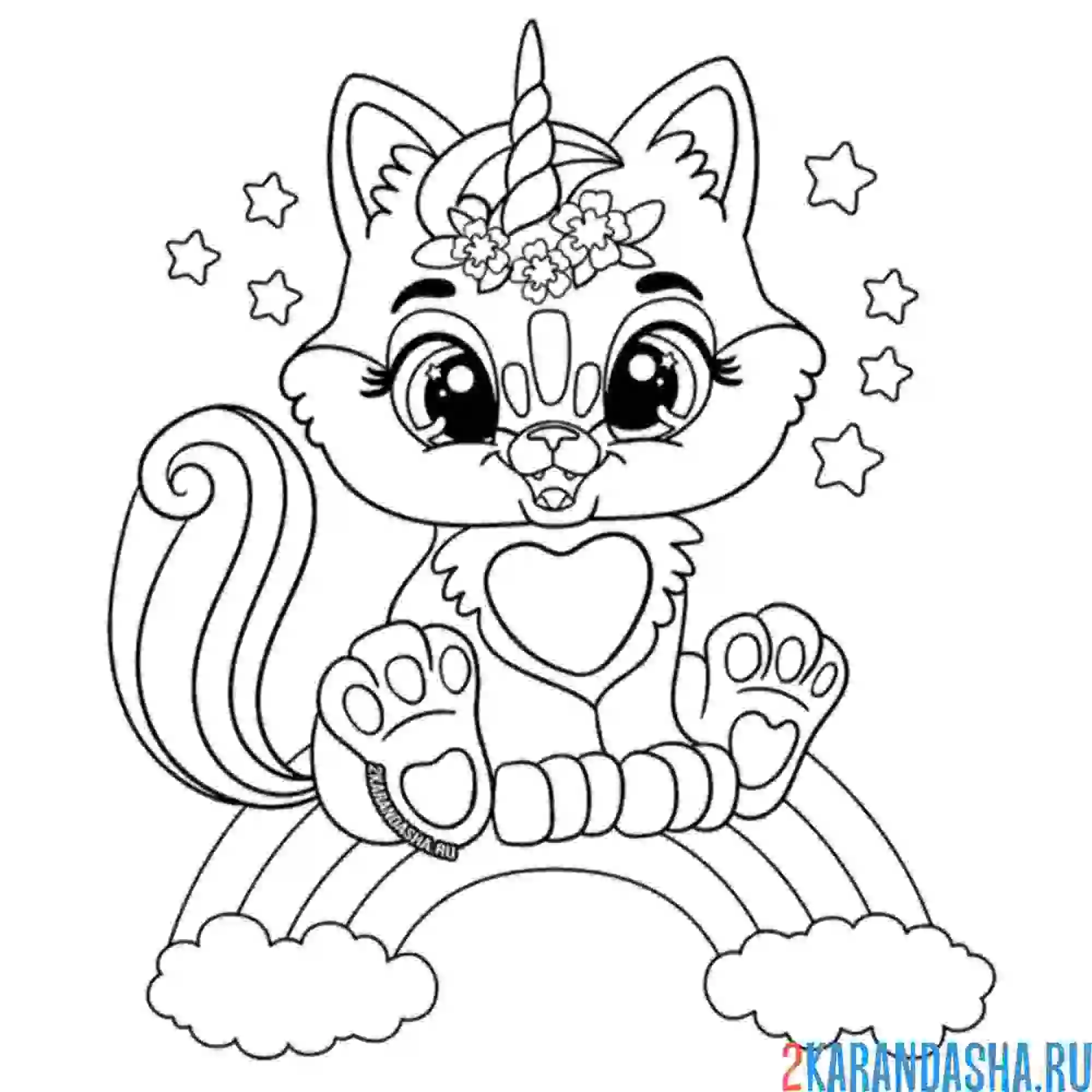 Раскраска котик-единорог на радуге