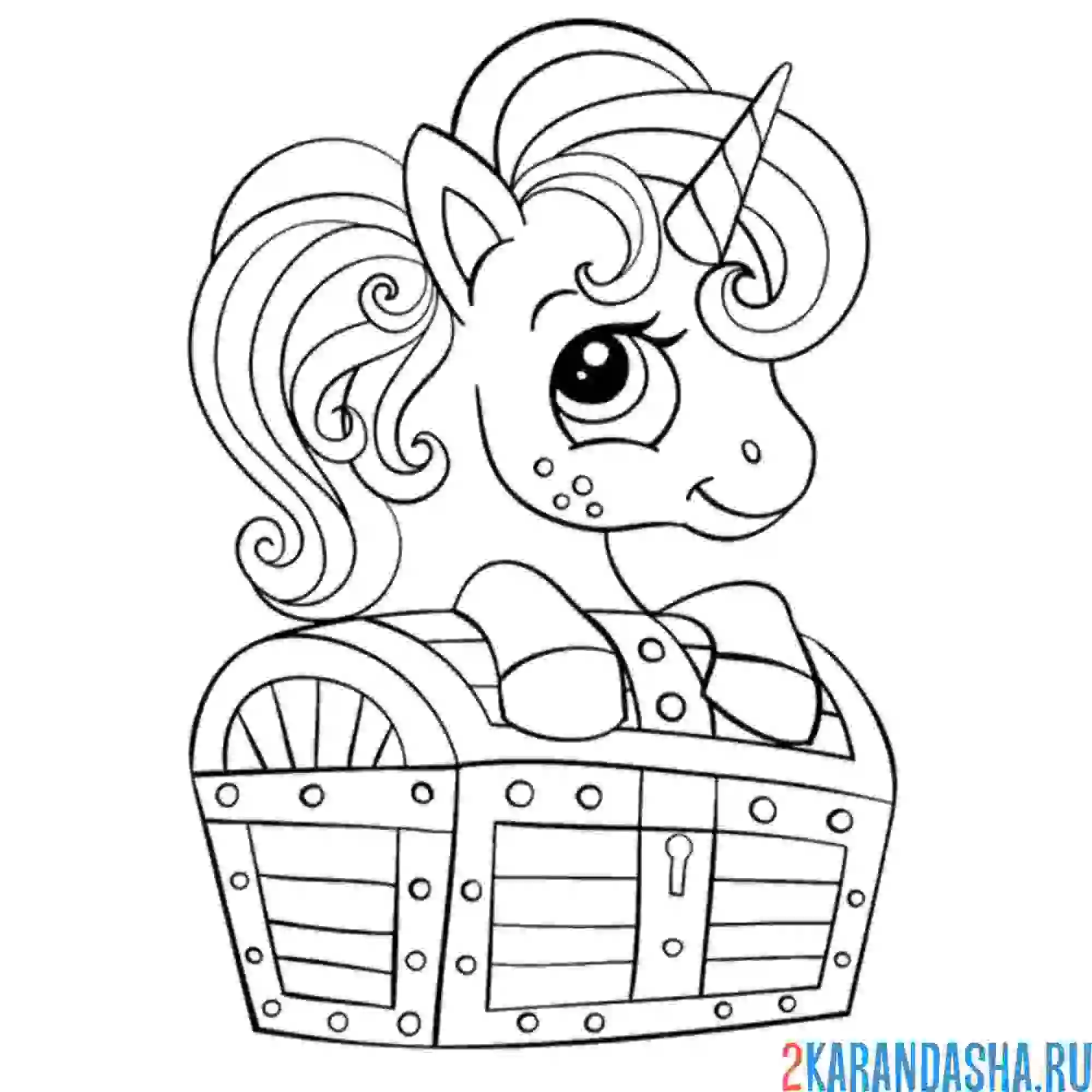 Раскраска единорог с сундуком с сокровищами