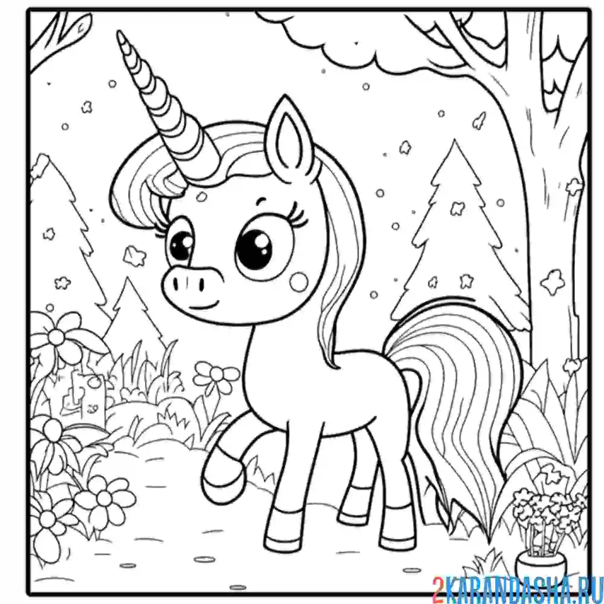 Раскраска единорог в волшебном лесу