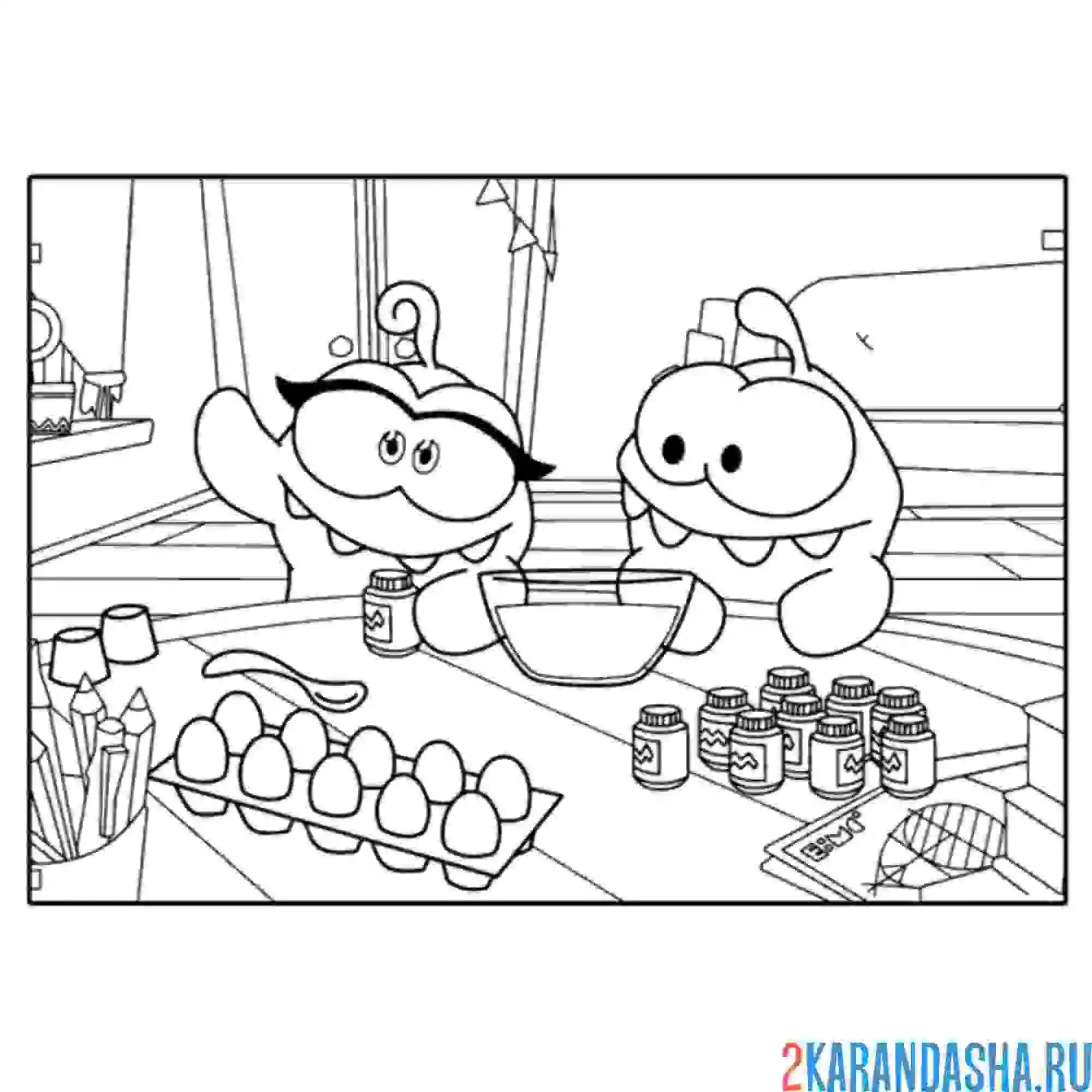 Раскраска ам-няма и ам-няша едят