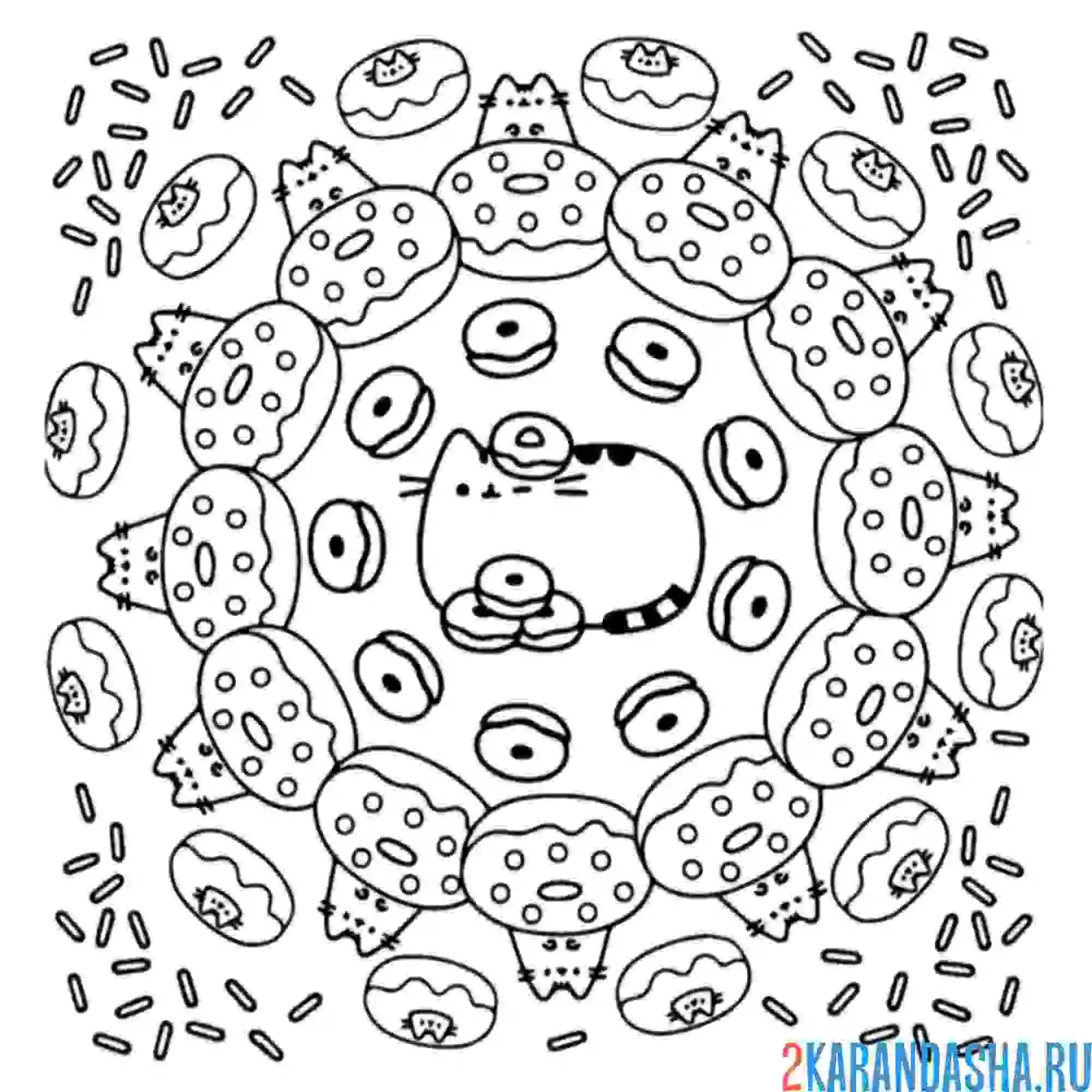 Раскраска кот пушин и пончики