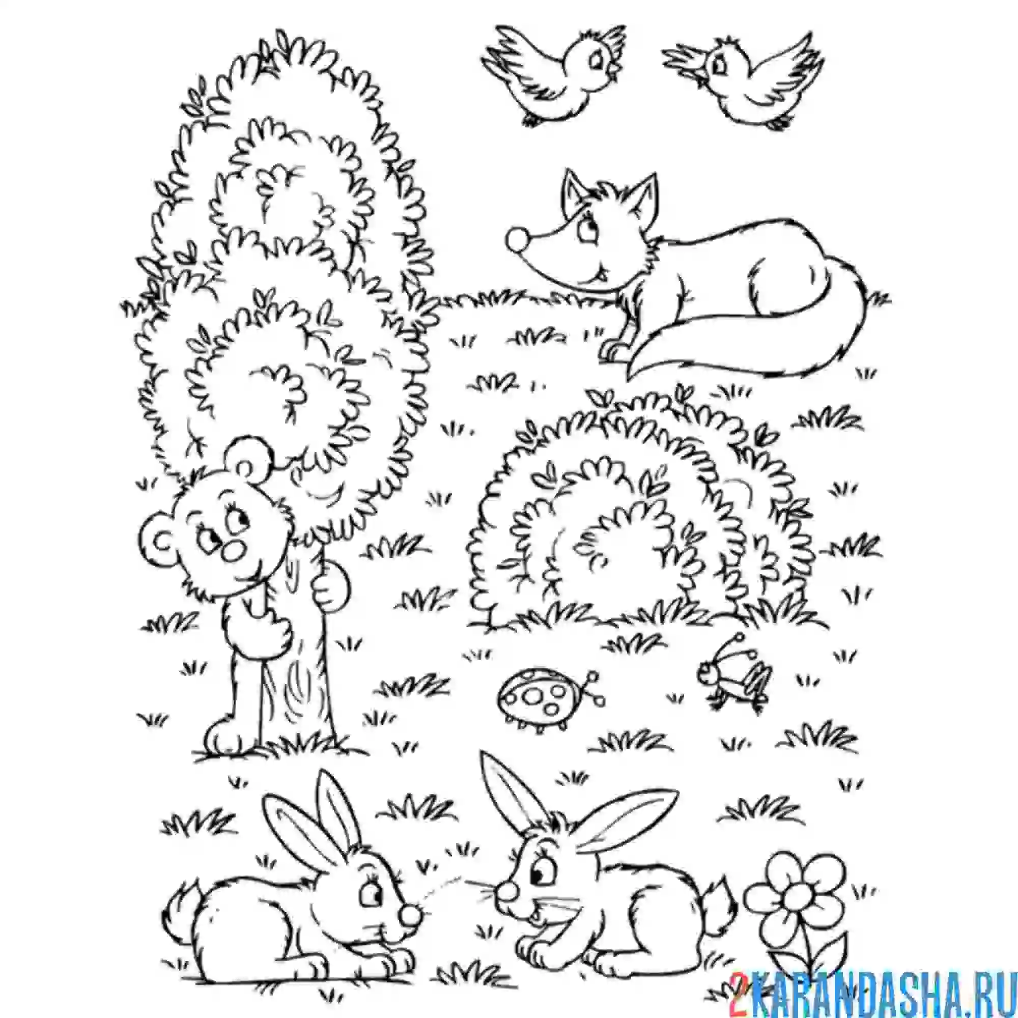 Раскраска лиса, медведь и зайцы