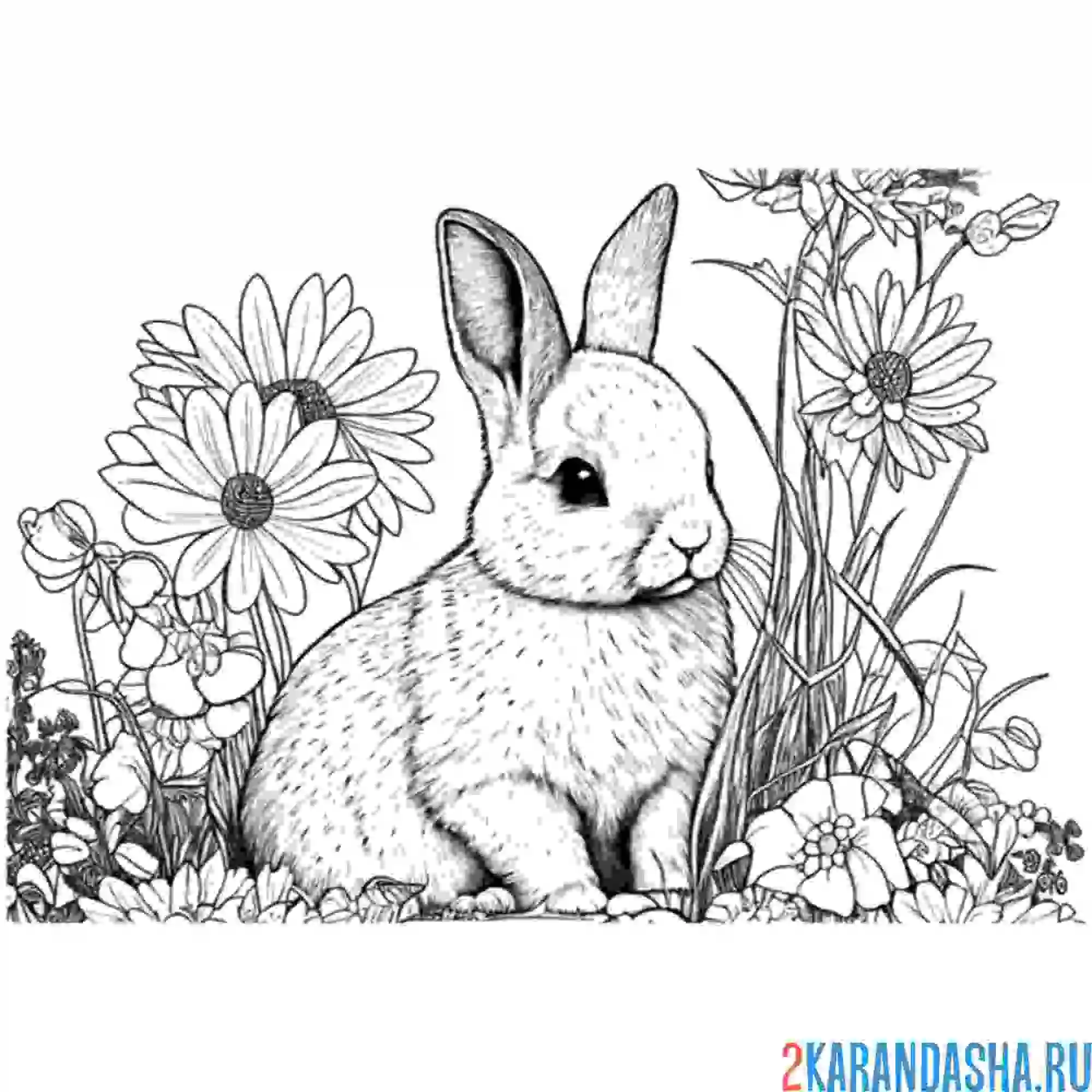 Раскраска зайчик сидит в цветах