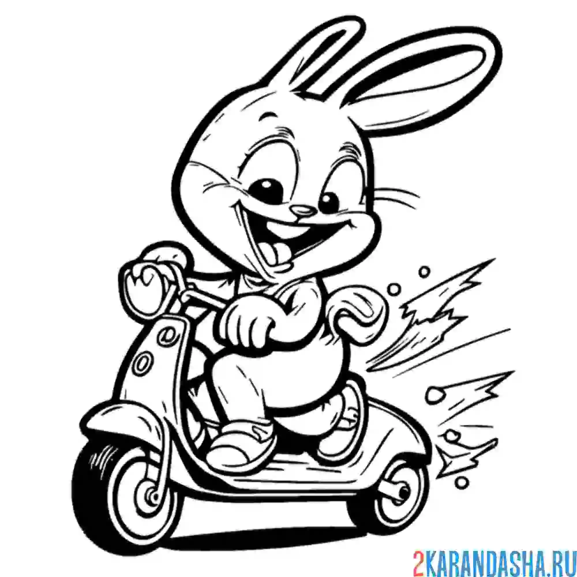 Раскраска заяц кролик на скутере