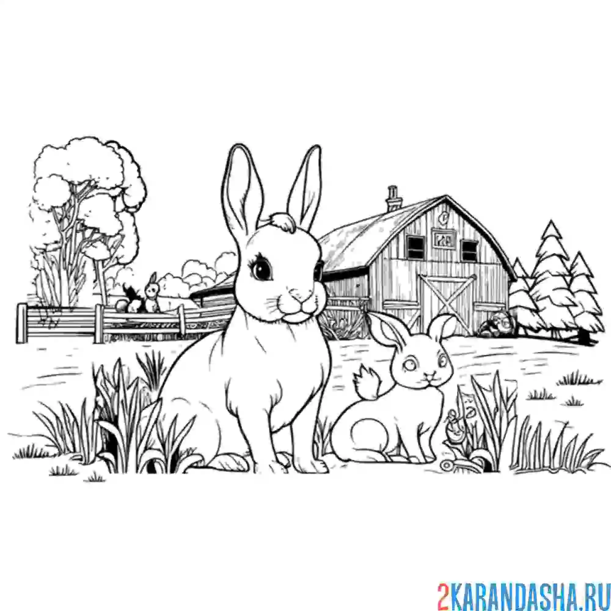 Раскраска заяц около дома